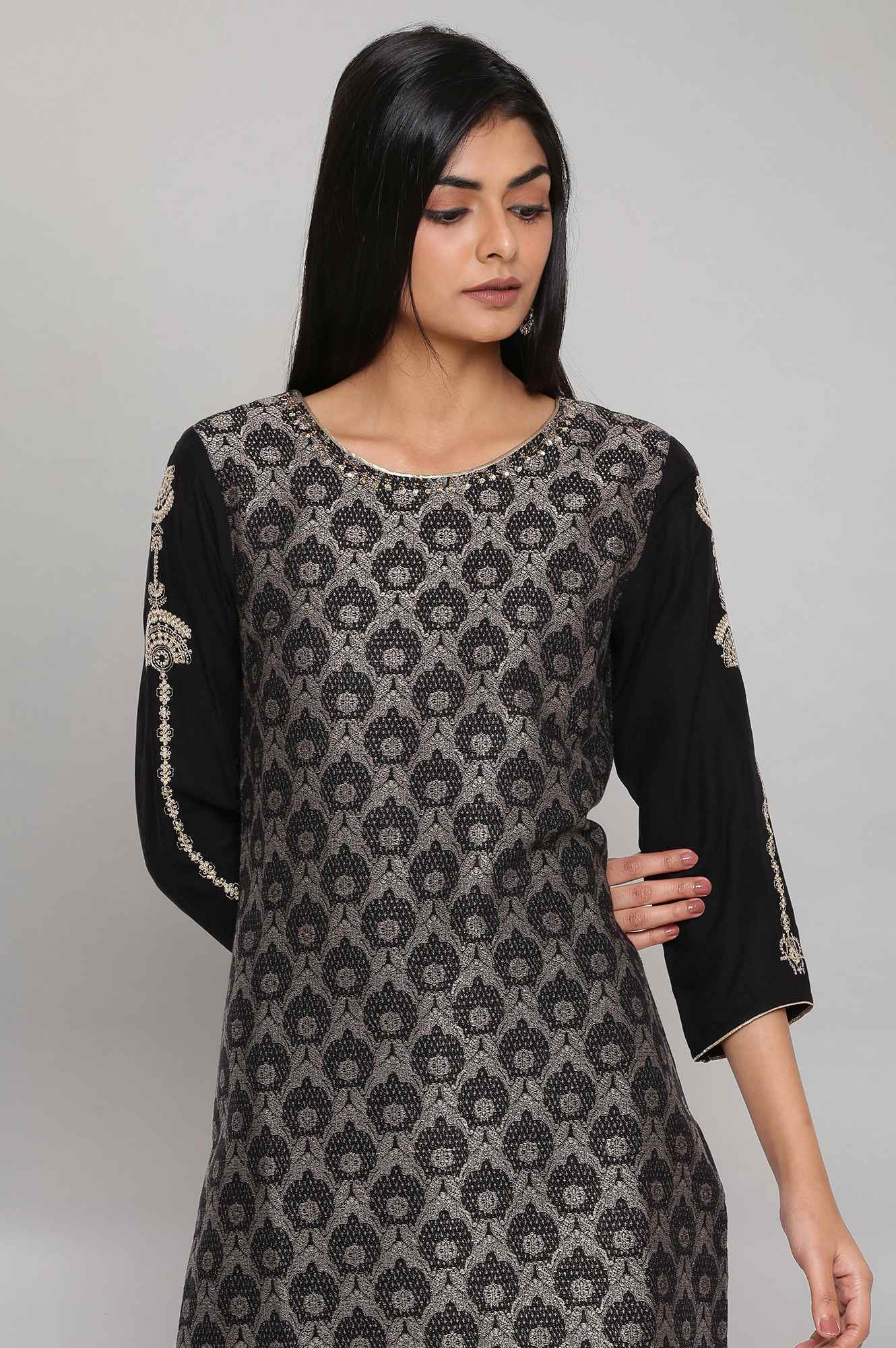 Black Metallic Embroidery Cotton Blend Straight Kurta and Slim Pant Set - Image 3