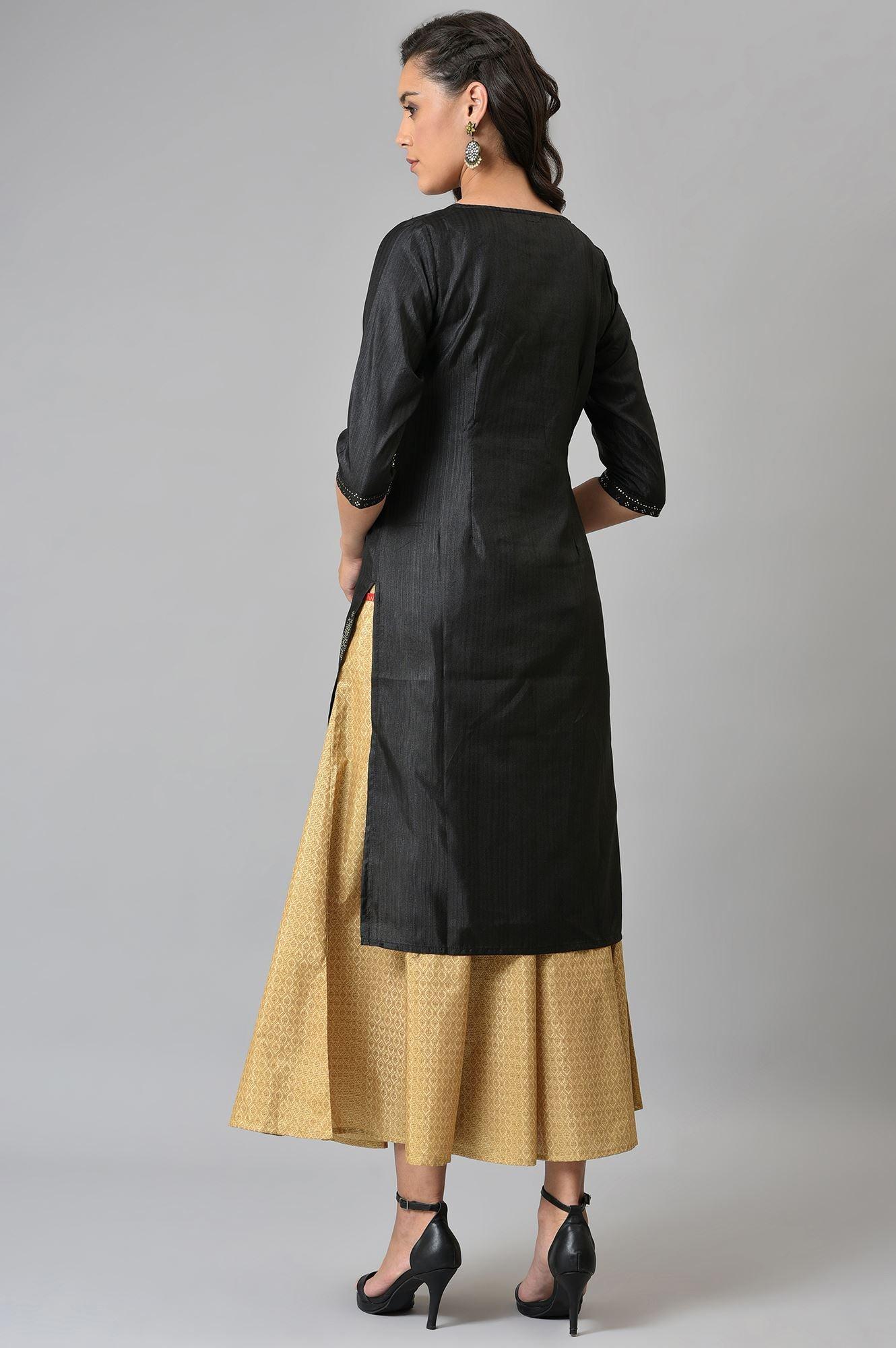 Black Mukaish Printed A-Line kurta - Image 2