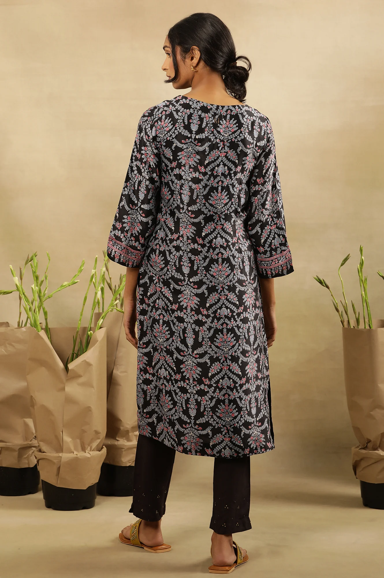 Black Multi-Coloured Hand Block Printed Satin Kurta - Image 3