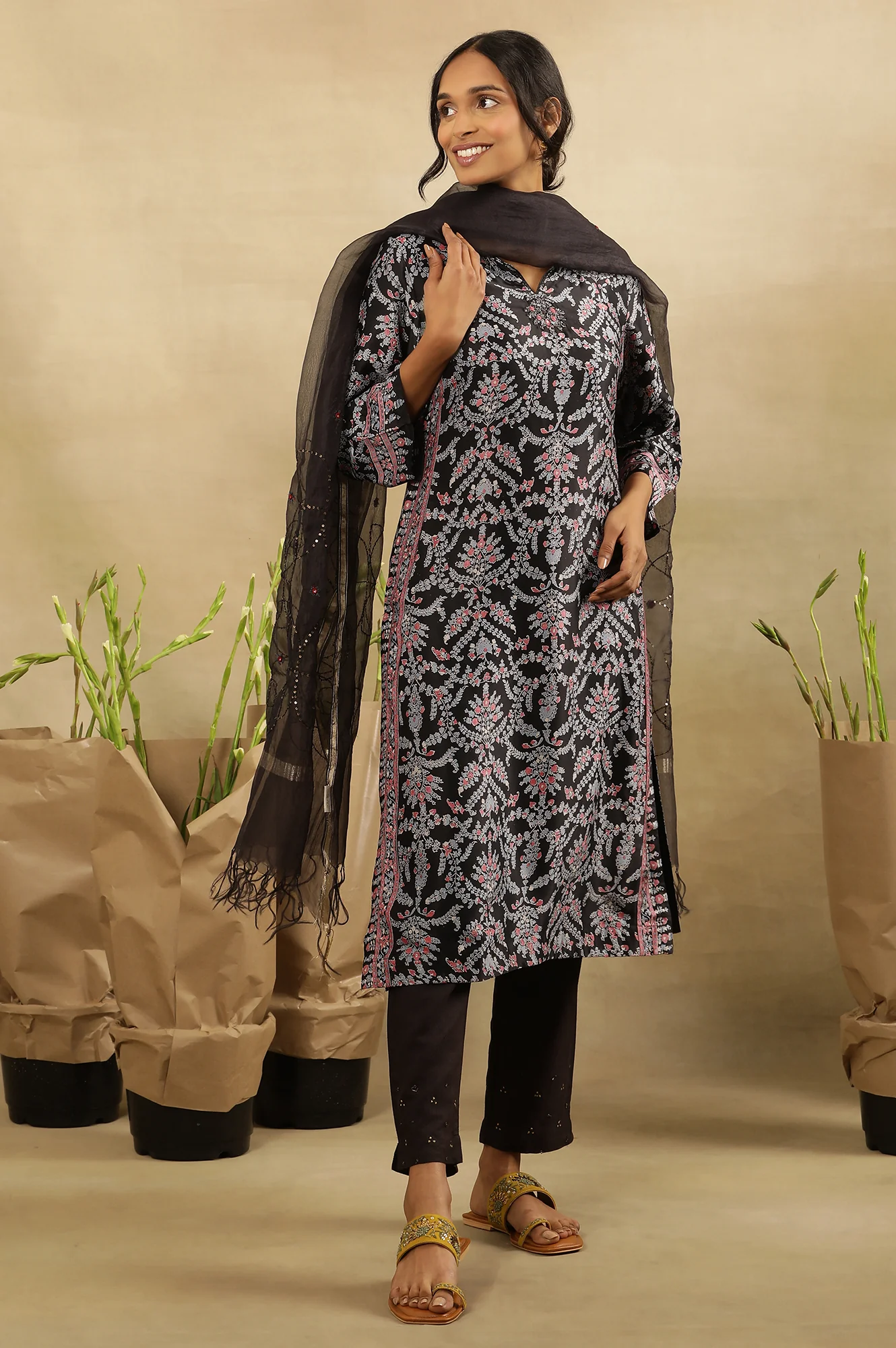 Black Multi-Coloured Hand Block Printed Satin Kurta - Image 5