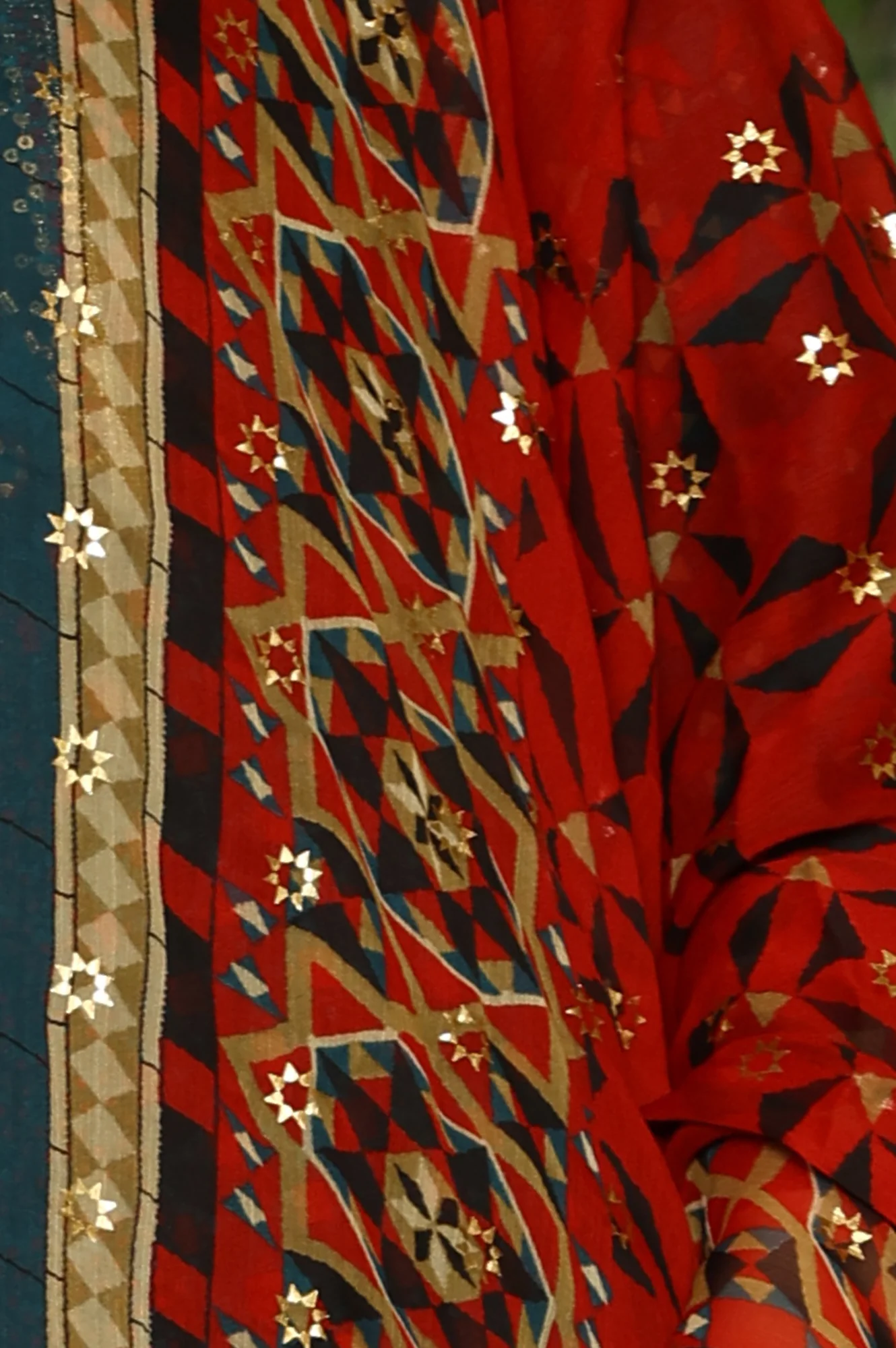 Black Multi-Coloured Patch Printed Metallic Embroidered A-Line Kurta, Pants And Dupatta Set - Image 10