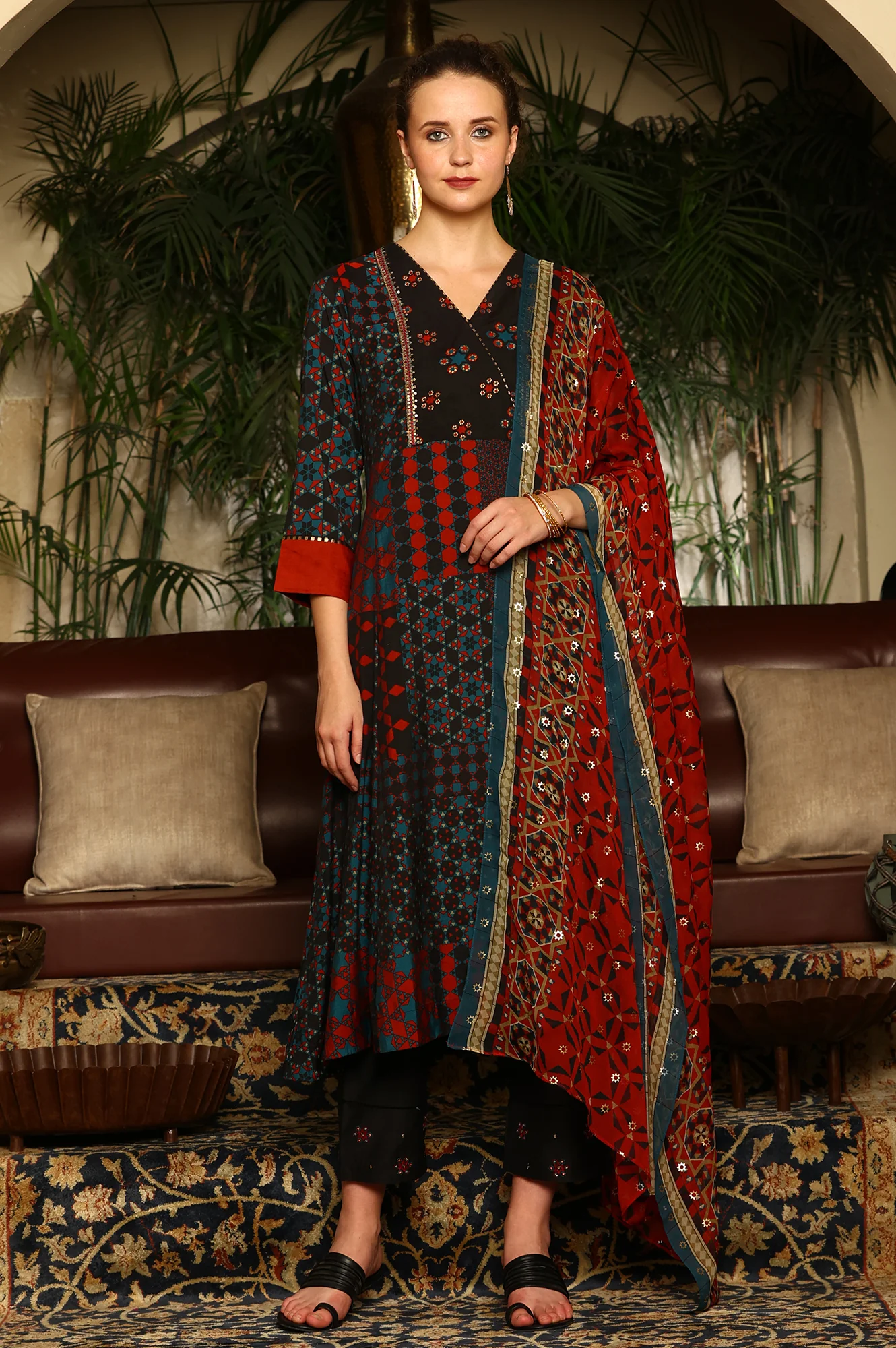 Black Multi-Coloured Patch Printed Metallic Embroidered A-Line Kurta, Pants And Dupatta Set - Image 2