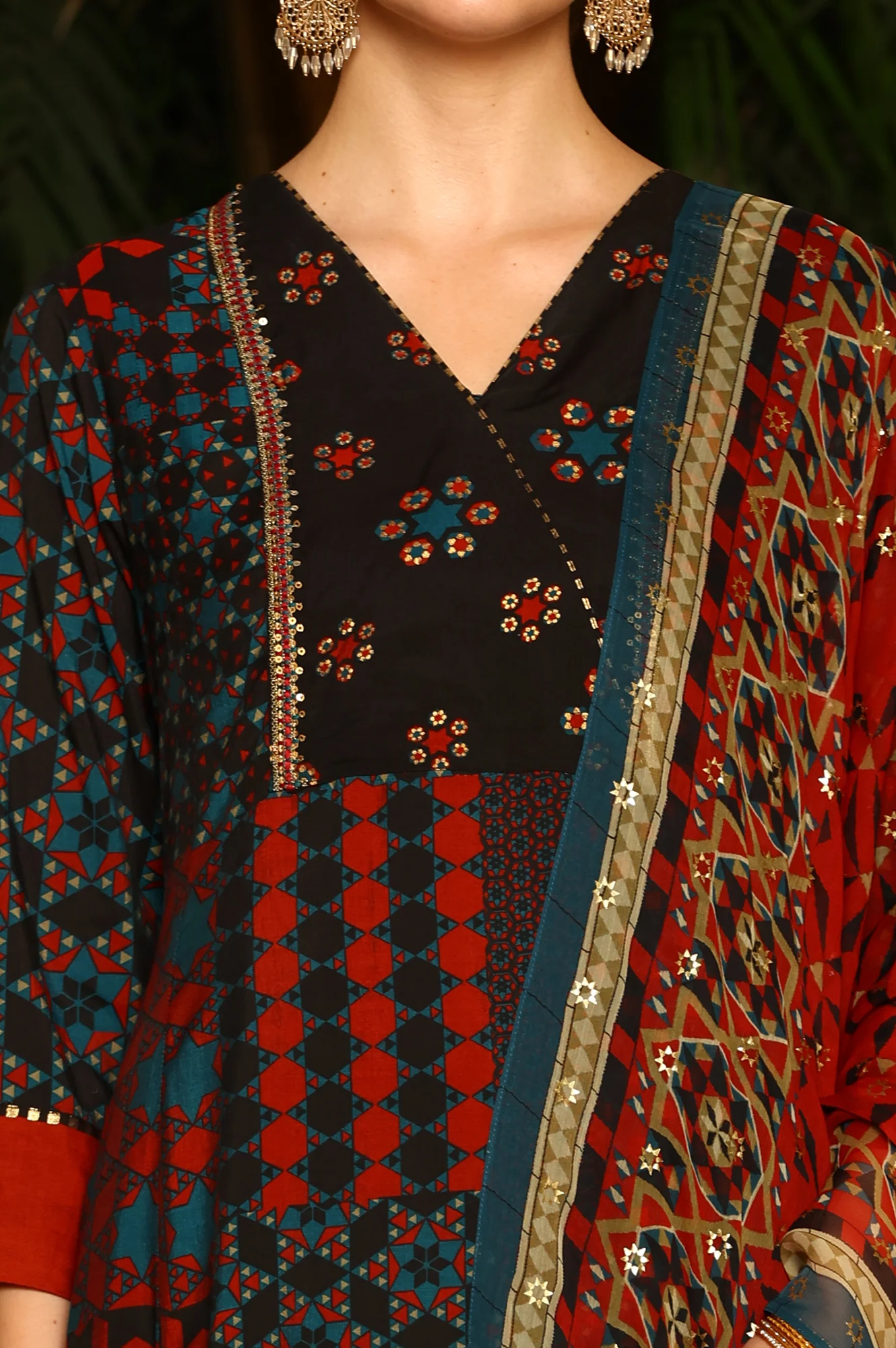 Black Multi-Coloured Patch Printed Metallic Embroidered A-Line Kurta, Pants And Dupatta Set - Image 3