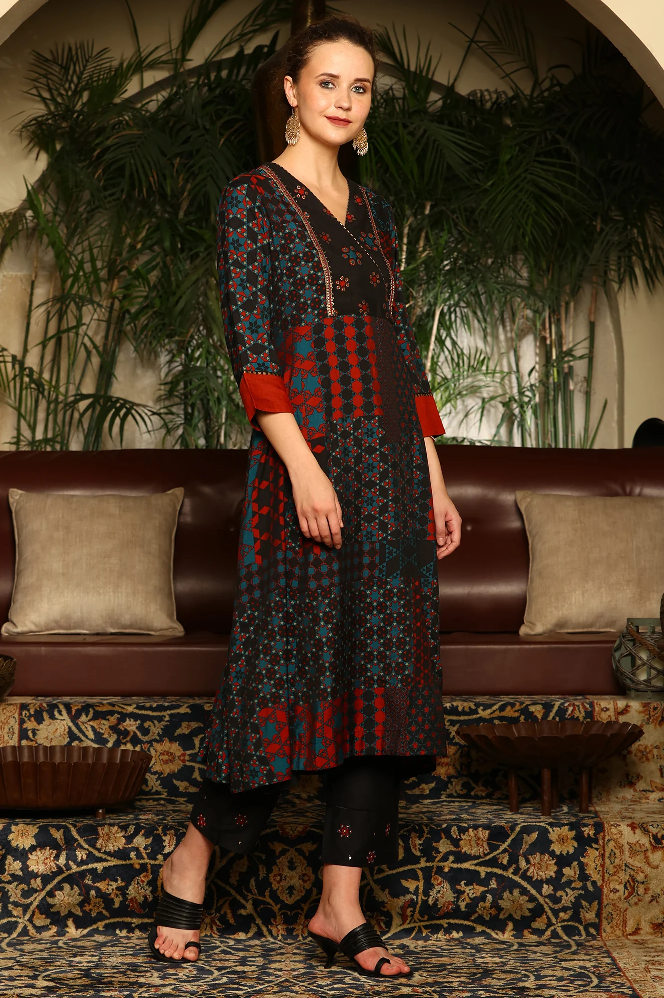 Black Multi-Coloured Patch Printed Metallic Embroidered A-Line Kurta, Pants And Dupatta Set - Image 4