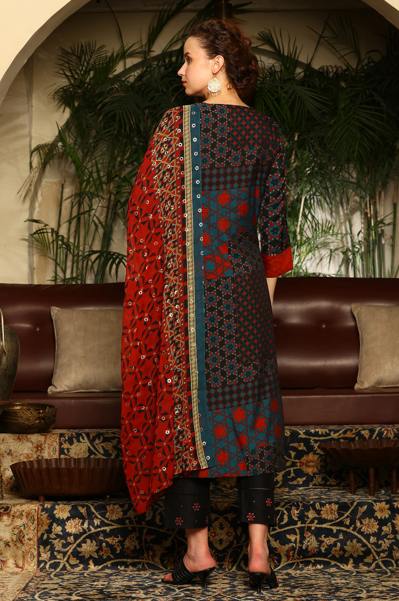 Black Multi-Coloured Patch Printed Metallic Embroidered A-Line Kurta, Pants And Dupatta Set - Image 5