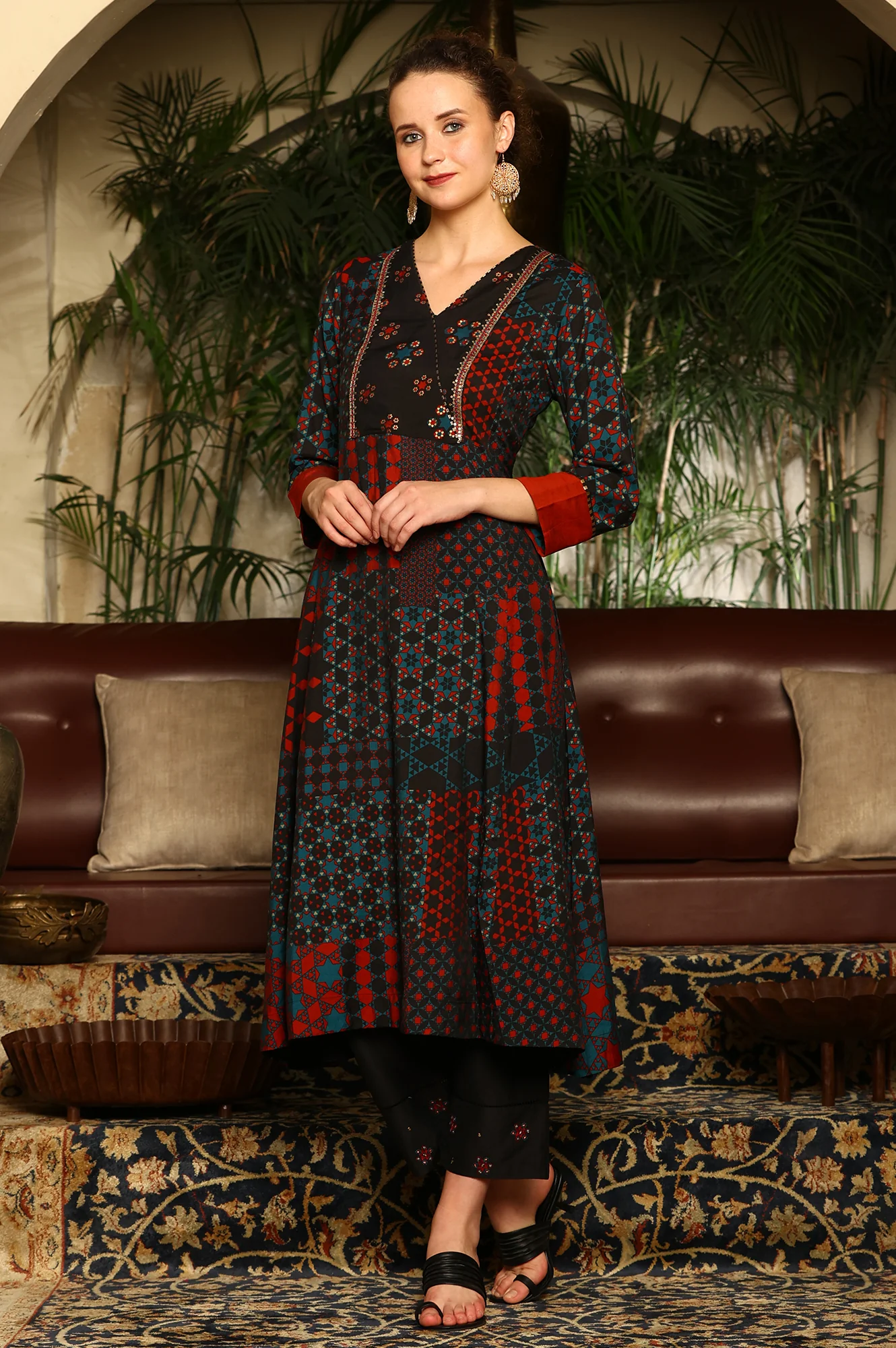 Black Multi-Coloured Patch Printed Metallic Embroidered A-Line Kurta, Pants And Dupatta Set - Image 6