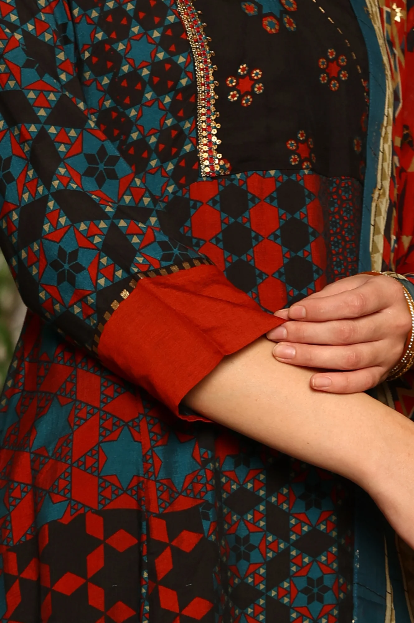 Black Multi-Coloured Patch Printed Metallic Embroidered A-Line Kurta, Pants And Dupatta Set - Image 7