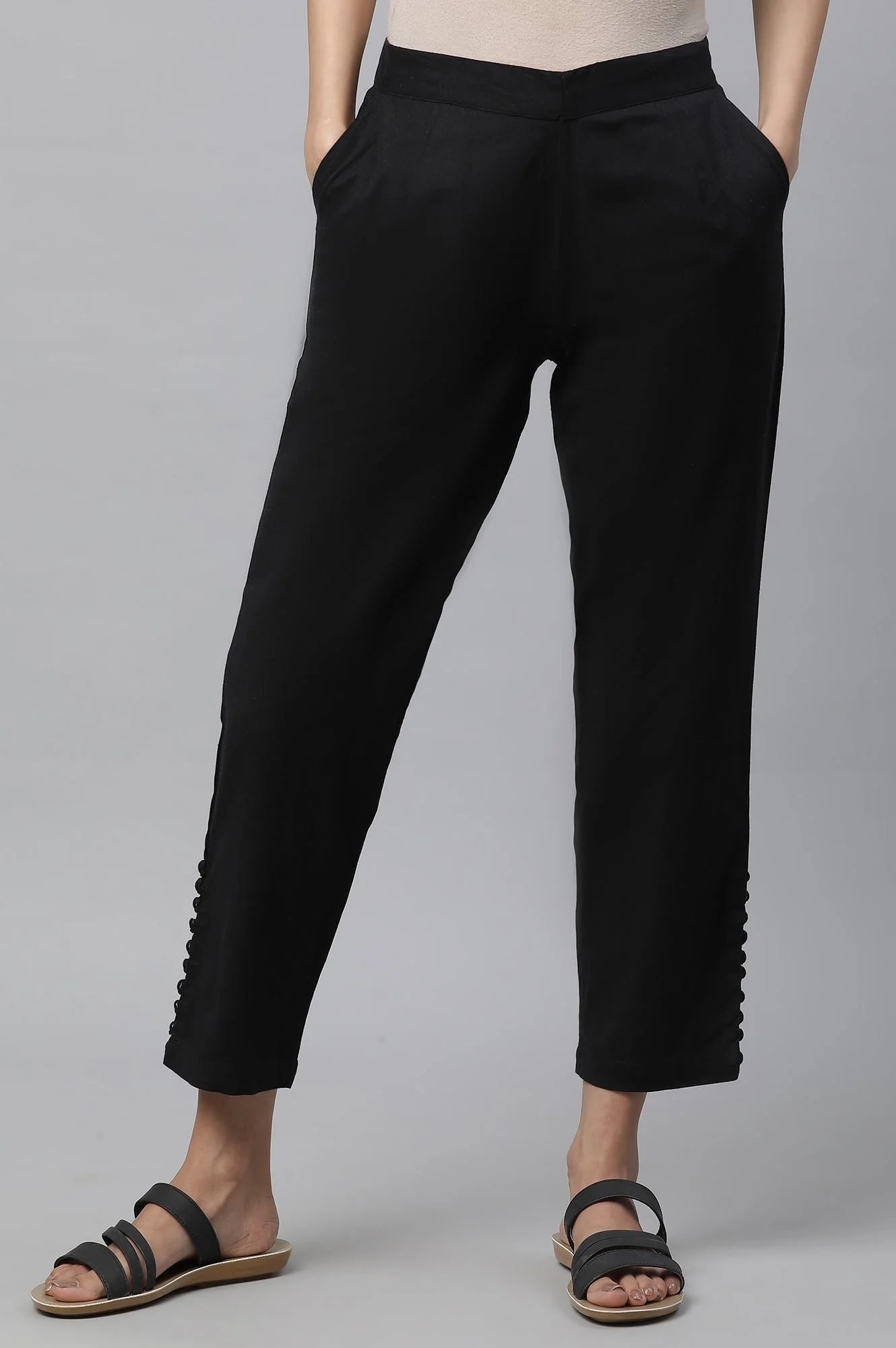 Elleven Women's Black Solid Straight Fit Cotton Pants With Button Detail