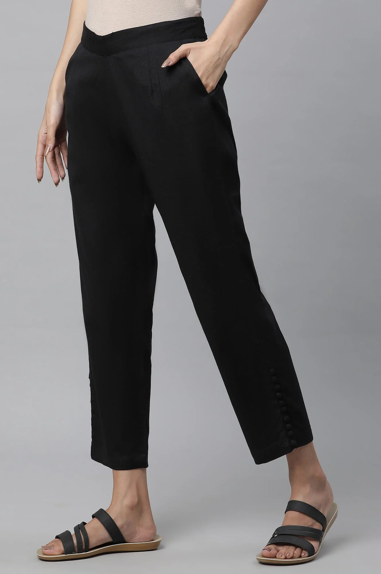 Elleven Women's Black Solid Straight Fit Cotton Pants With Button Detail - Image 2