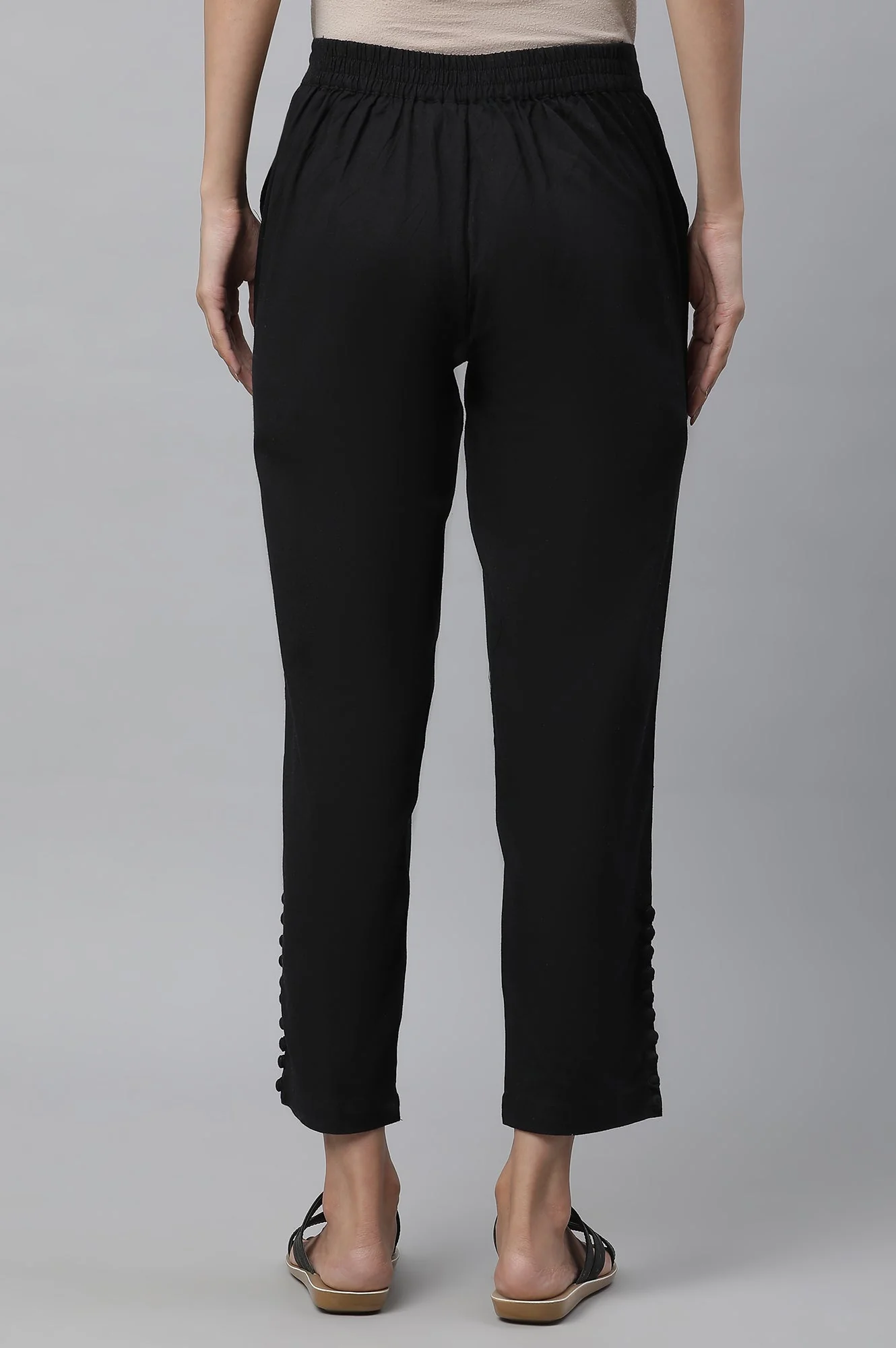 Elleven Women's Black Solid Straight Fit Cotton Pants With Button Detail - Image 3