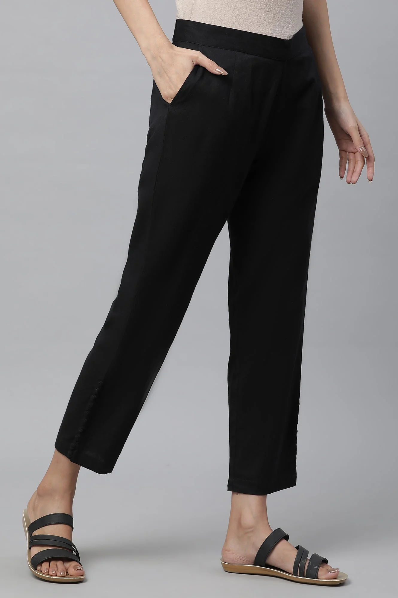 Elleven Women's Black Solid Straight Fit Cotton Pants With Button Detail - Image 4