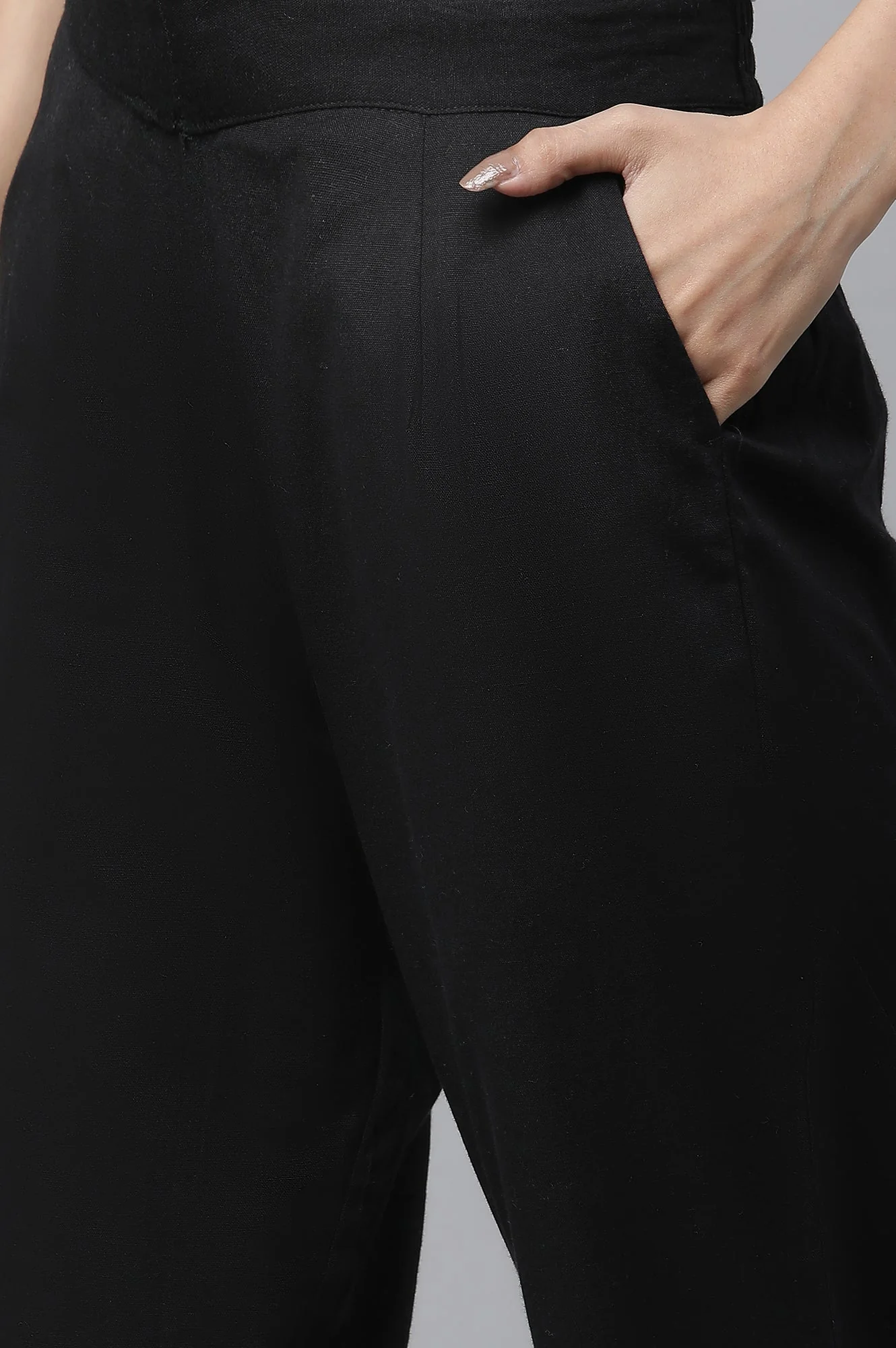 Elleven Women's Black Solid Straight Fit Cotton Pants With Button Detail - Image 6