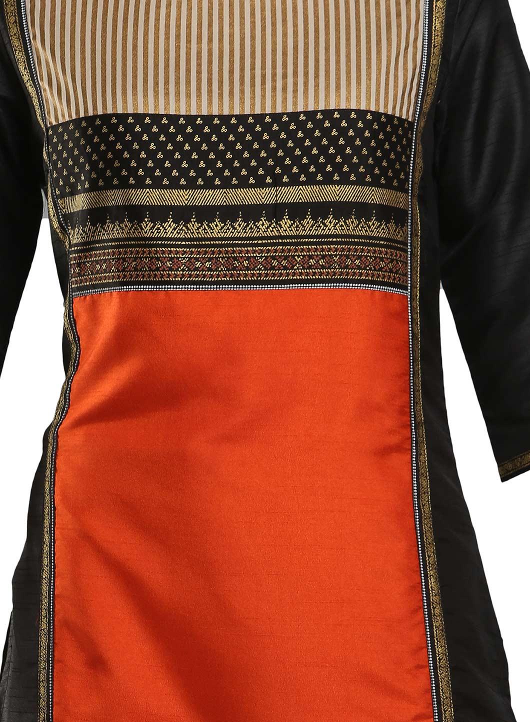 Black & Orange Colorblocked Printed kurta - Image 5