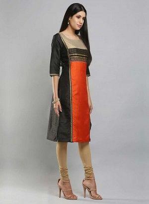 Black & Orange Colorblocked Printed kurta - Image 7