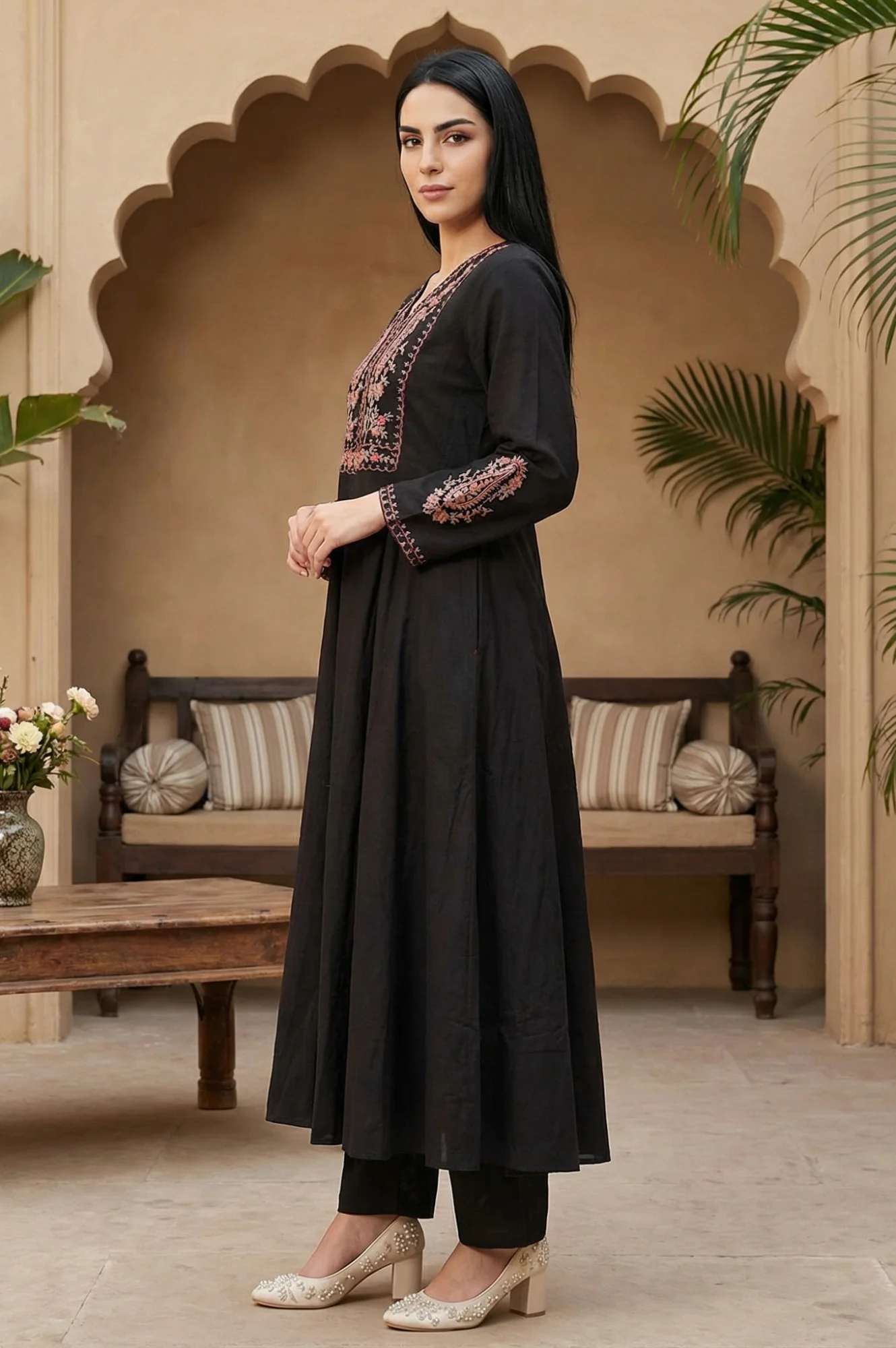 Black Embroidered Anarkali Kurta with Pants and Dupatta Set - Image 3