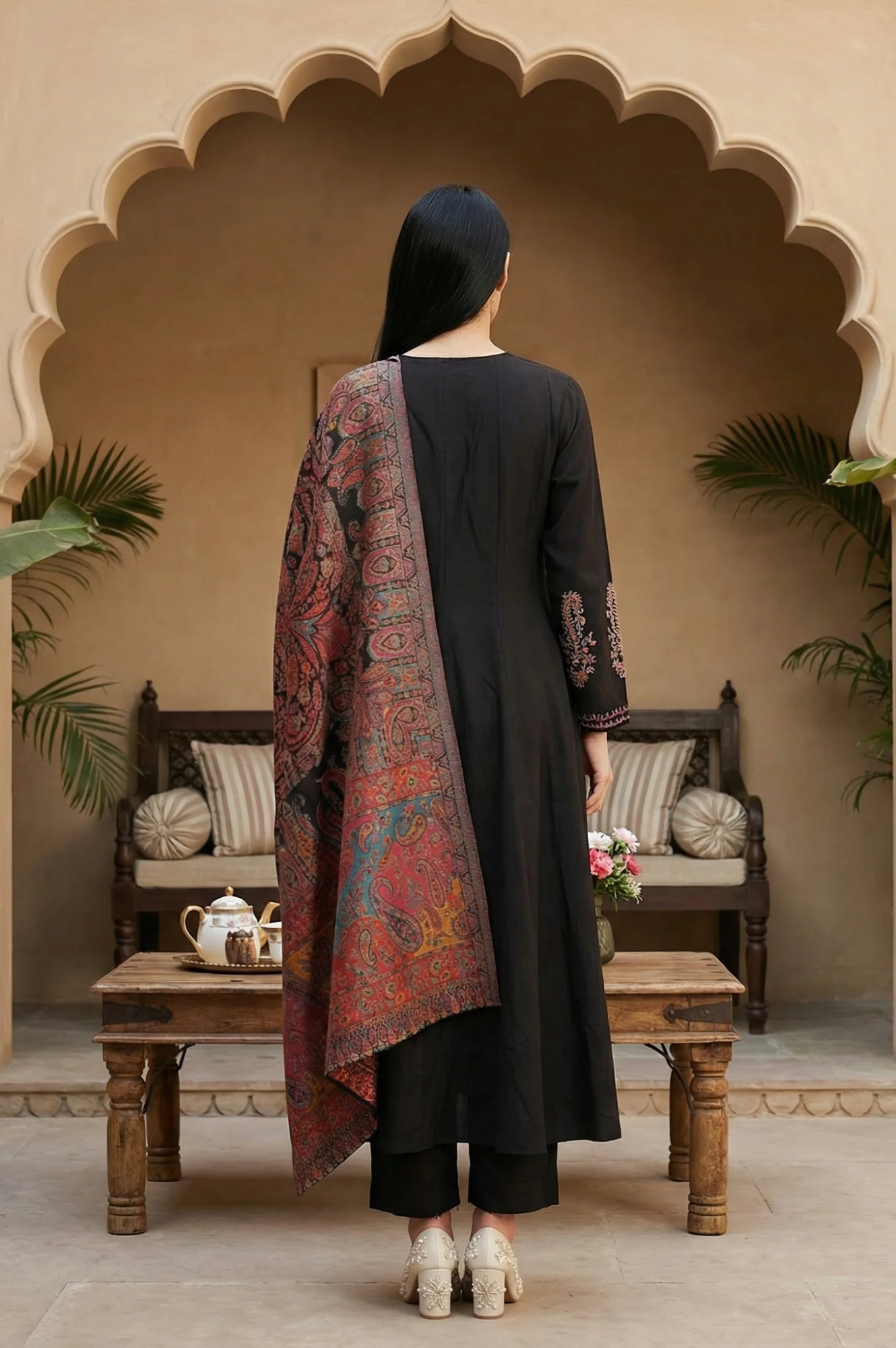 Black Embroidered Anarkali Kurta with Pants and Dupatta Set - Image 4