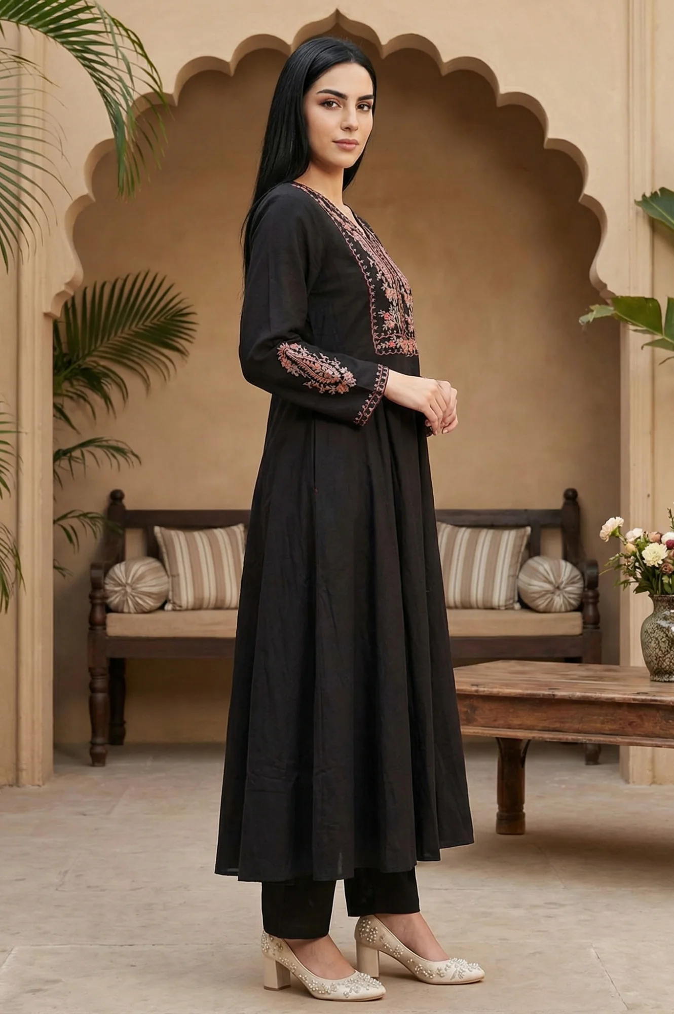 Black Embroidered Anarkali Kurta with Pants and Dupatta Set - Image 5