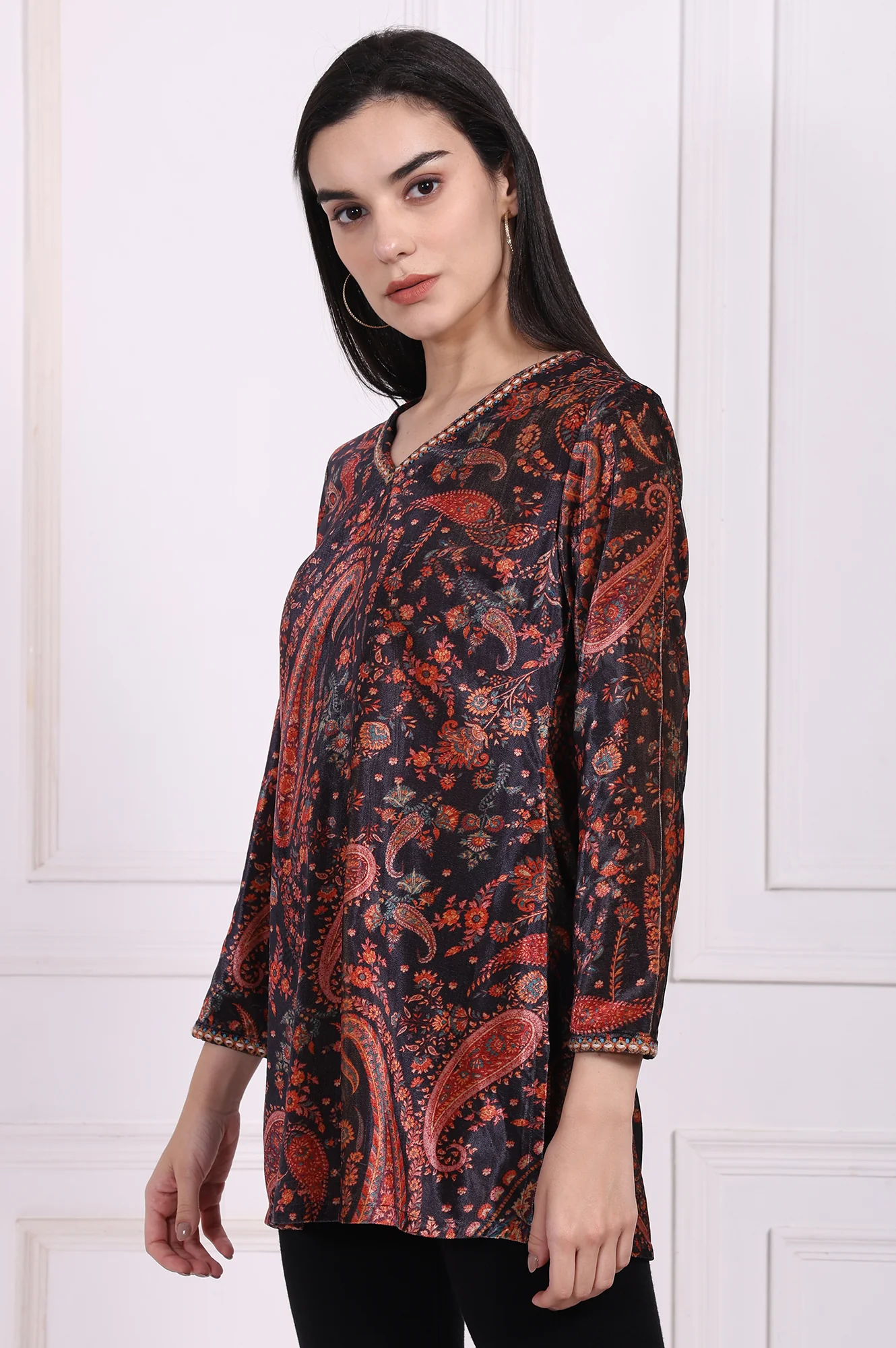 Black Paisley Printed Straight Velvet Tunic with Embroidered Neck - Image 4
