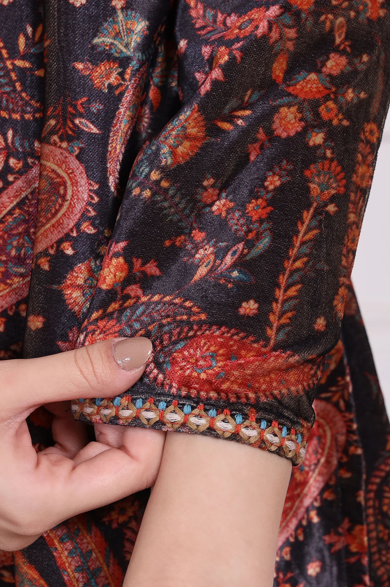 Black Paisley Printed Straight Velvet Tunic with Embroidered Neck - Image 7