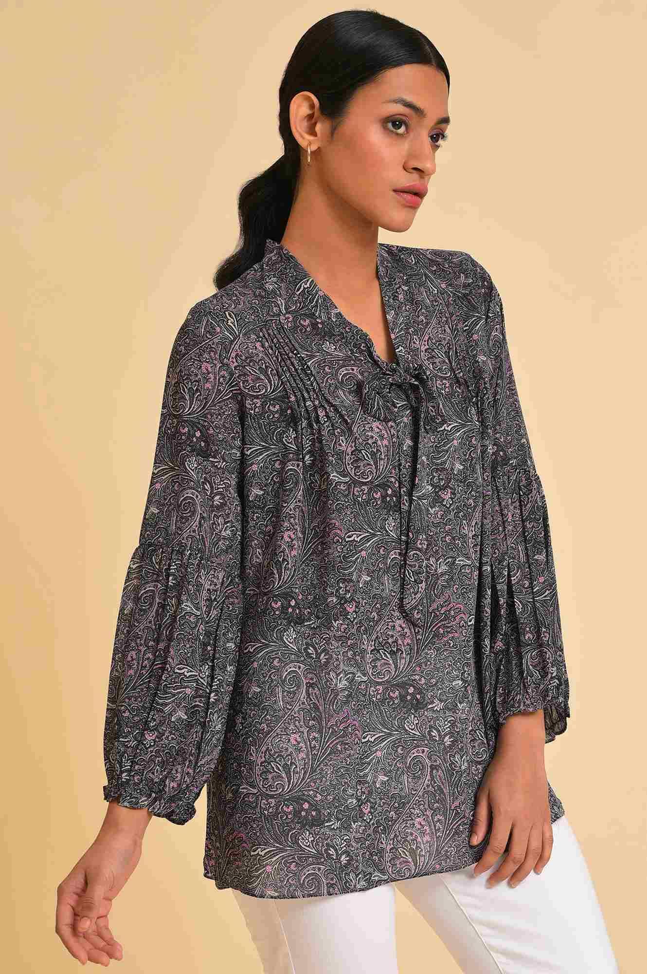 Black Paisley Printed A-Line Top - Image 4