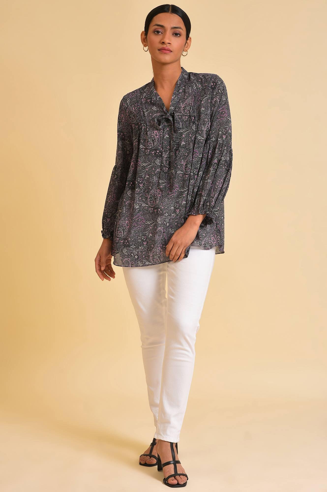 Black Paisley Printed A-Line Top - Image 6