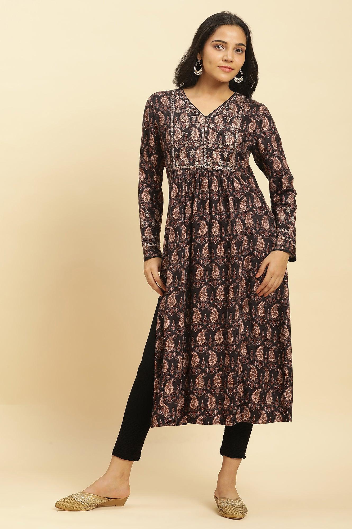 Black Paisley Printed Winter Kurta And Tights Set - Image 2