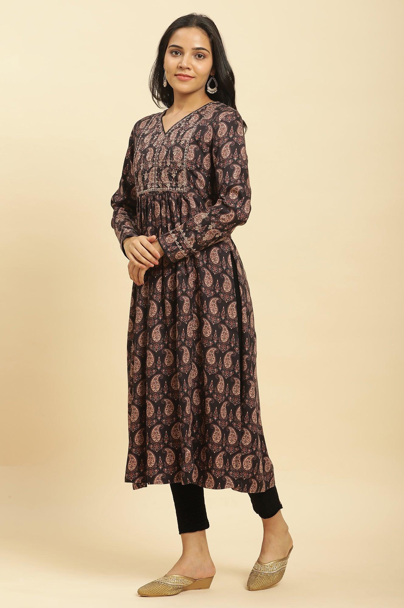 Black Paisley Printed Winter Kurta And Tights Set - Image 3