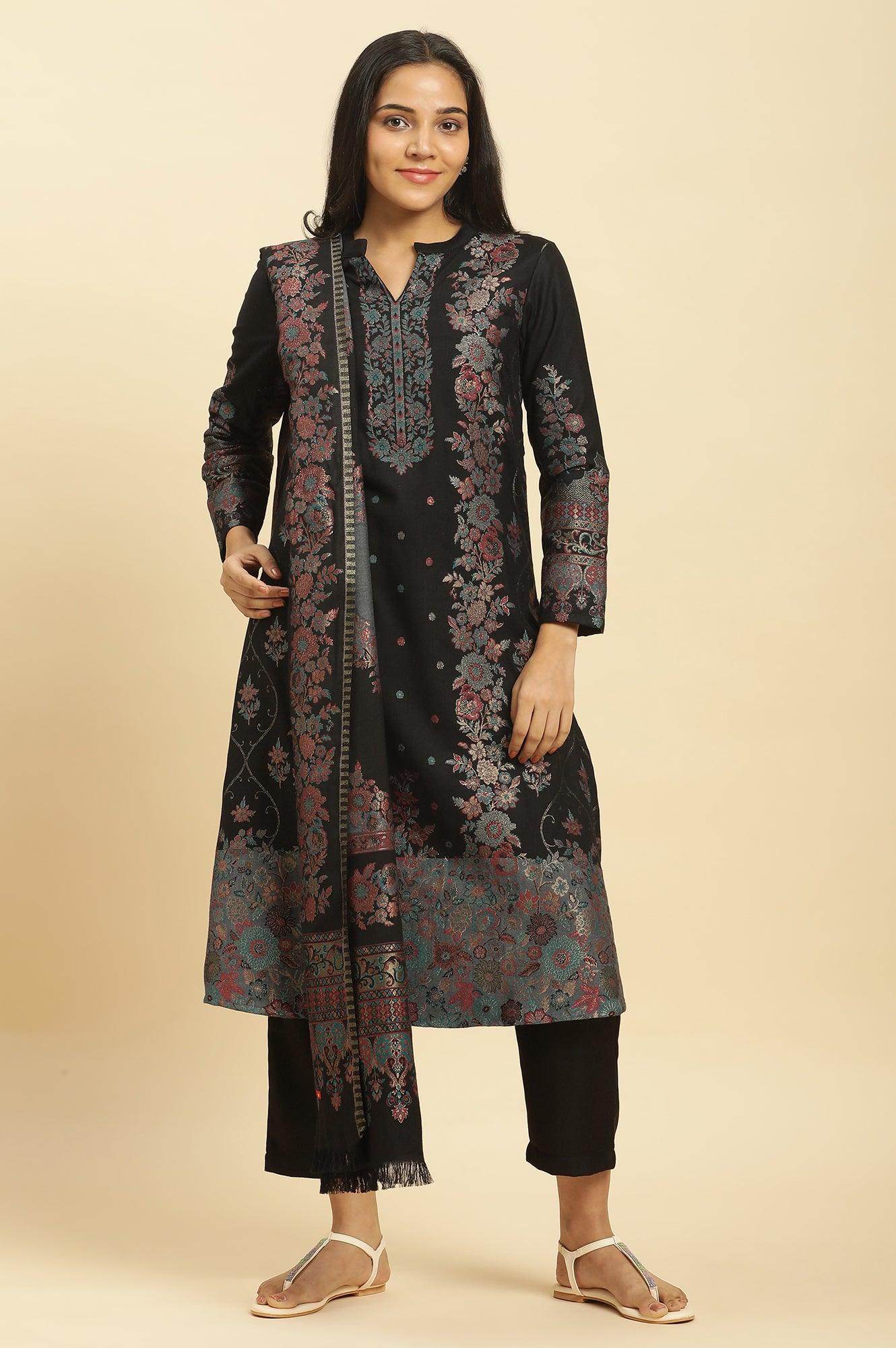 Black Paisley Yoke Gold Zari Acrylic Blend Straight Kurta, Pants and Jacquard Shawl Set - Image 2