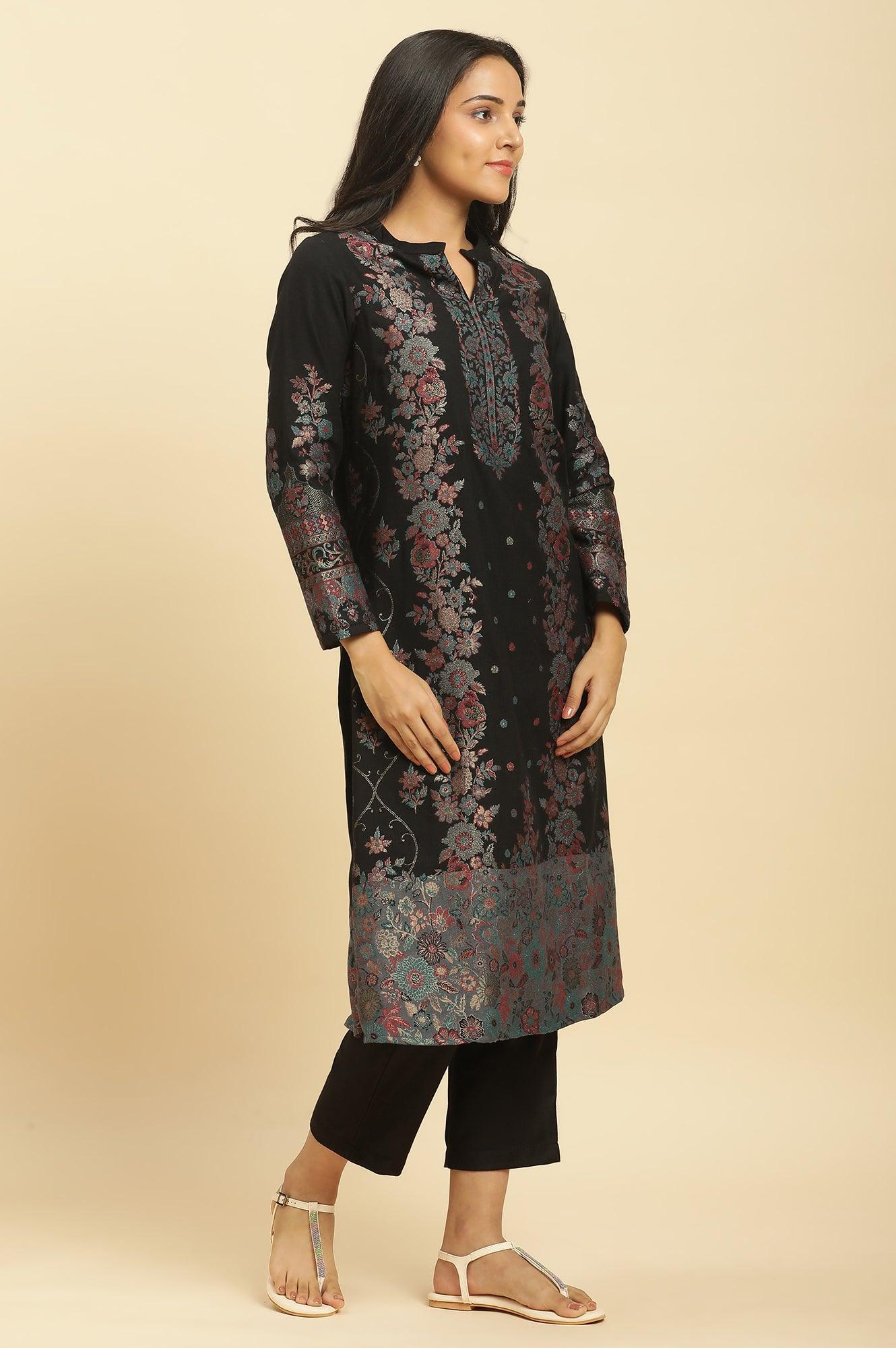Black Paisley Yoke Gold Zari Acrylic Blend Straight Kurta, Pants and Jacquard Shawl Set - Image 3
