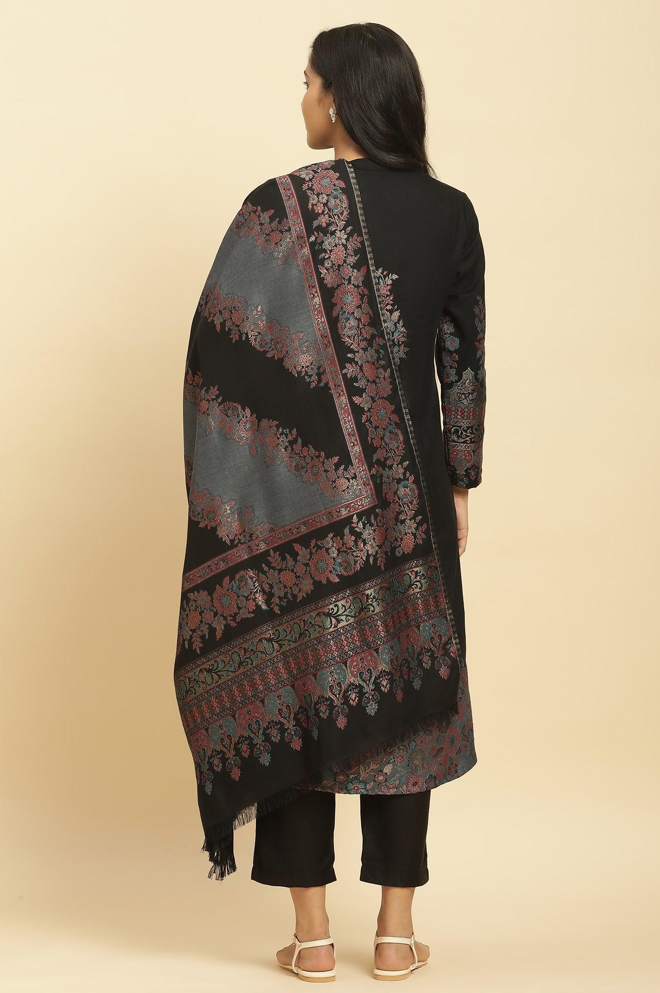 Black Paisley Yoke Gold Zari Acrylic Blend Straight Kurta, Pants and Jacquard Shawl Set - Image 4
