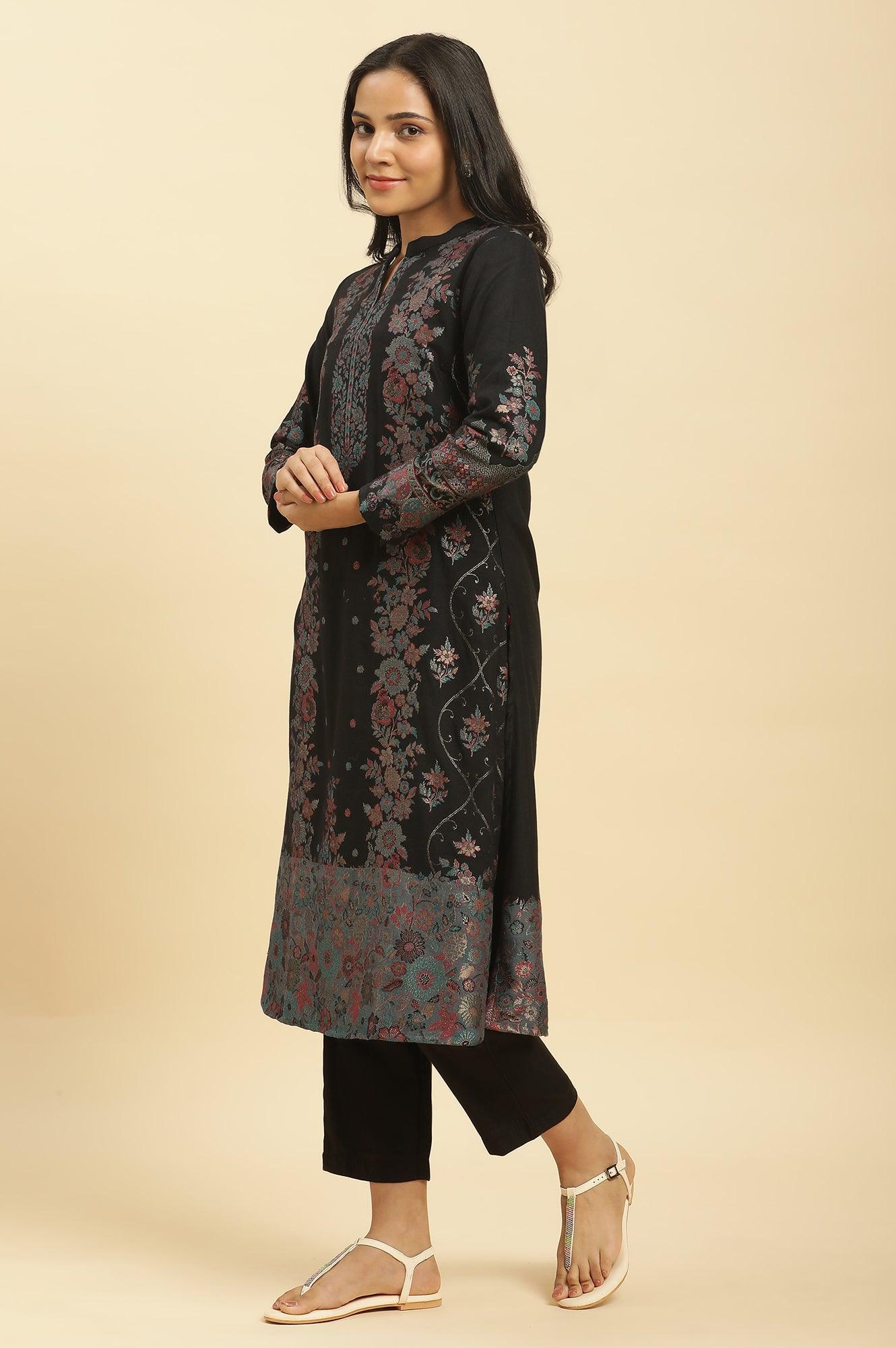 Black Paisley Yoke Gold Zari Acrylic Blend Straight Kurta, Pants and Jacquard Shawl Set - Image 5