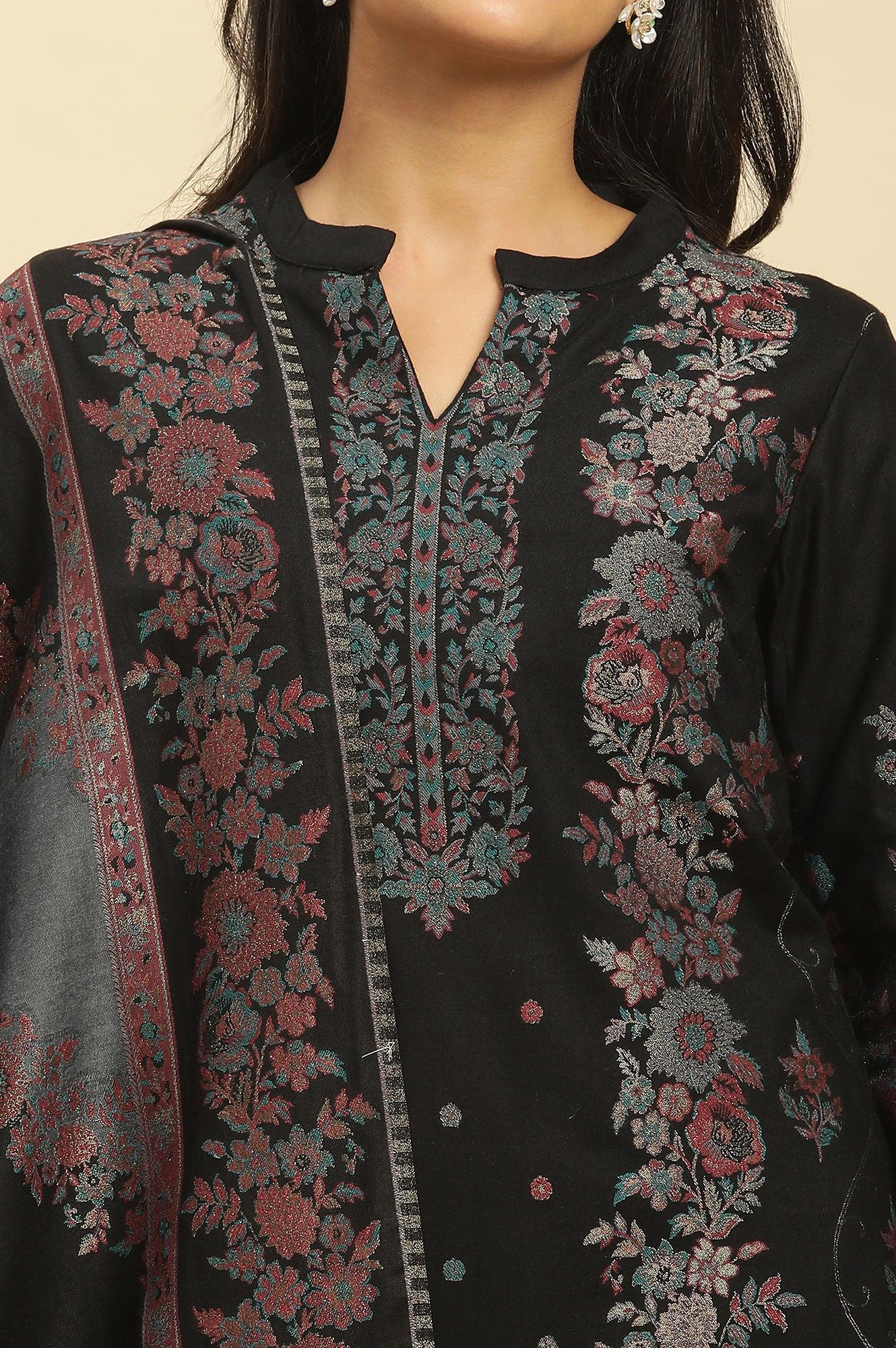 Black Paisley Yoke Gold Zari Acrylic Blend Straight Kurta, Pants and Jacquard Shawl Set - Image 6