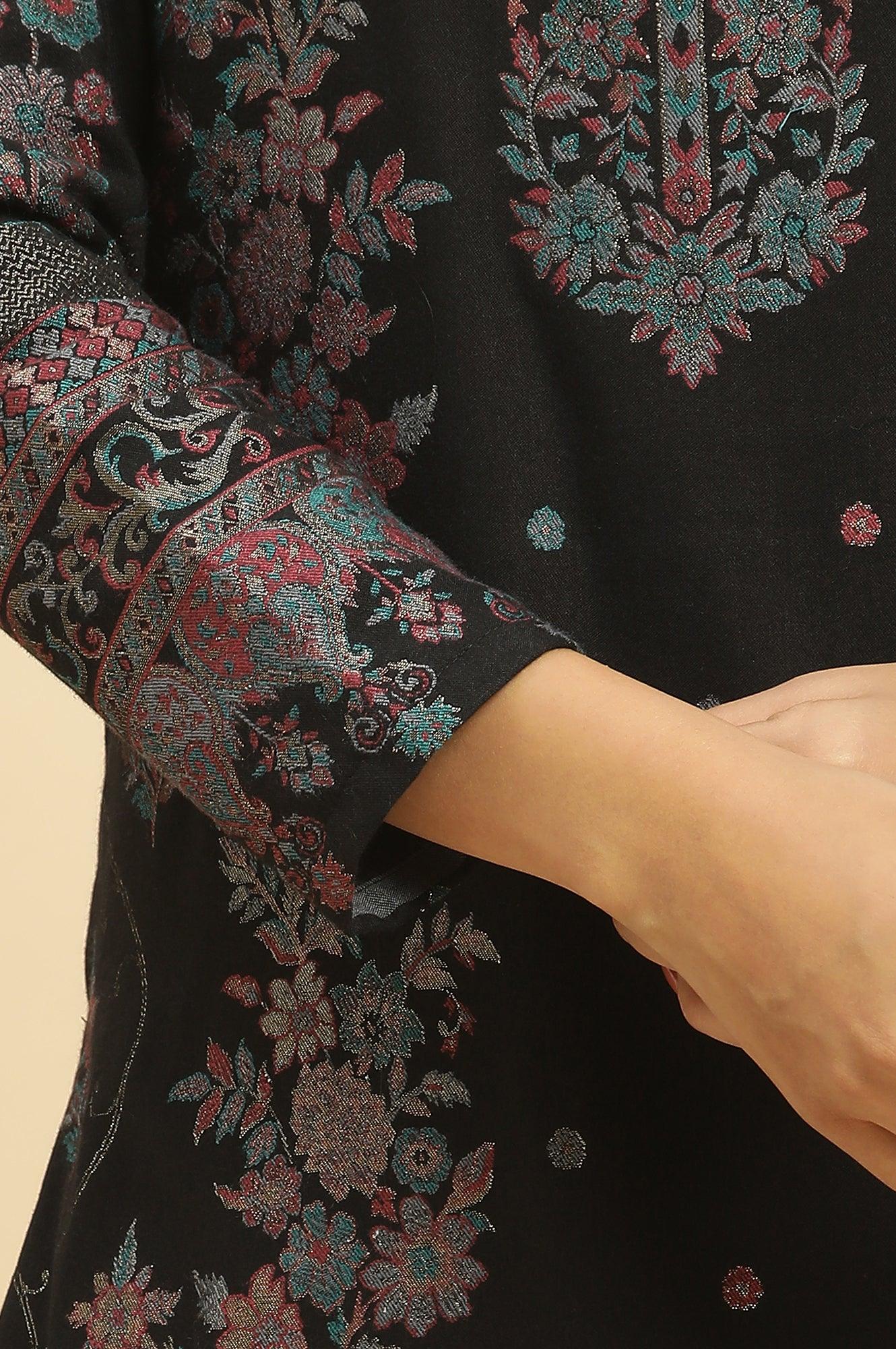 Black Paisley Yoke Gold Zari Acrylic Blend Straight Kurta, Pants and Jacquard Shawl Set - Image 7