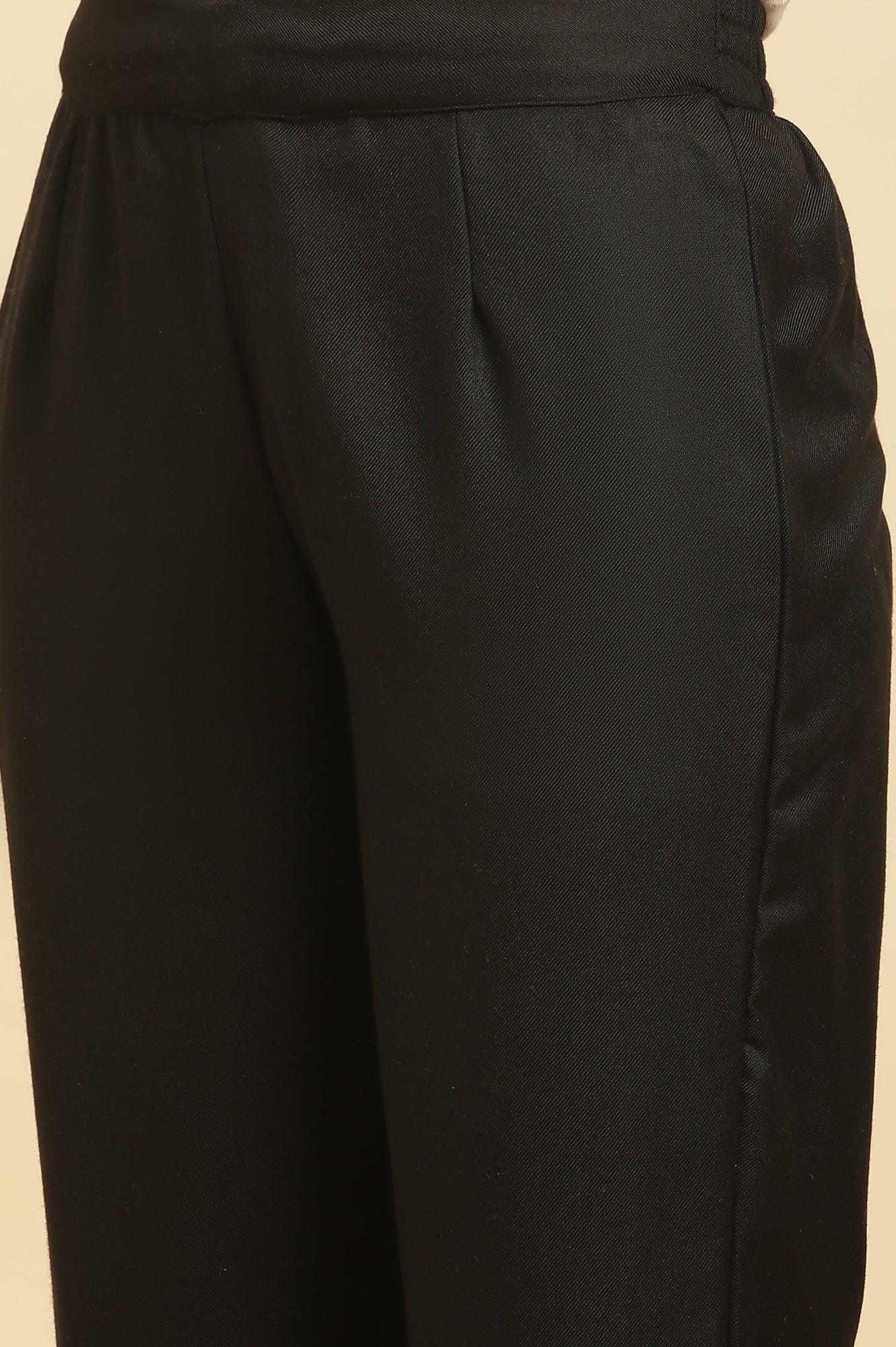 Black Paisley Yoke Gold Zari Acrylic Blend Straight Kurta, Pants and Jacquard Shawl Set - Image 9