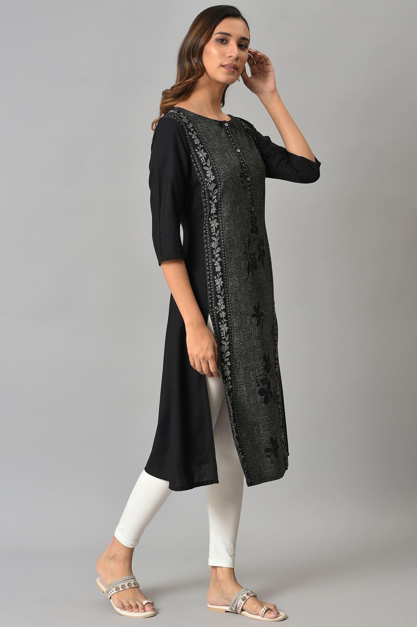 Black Panelled kurta With Front Slit - Image 4
