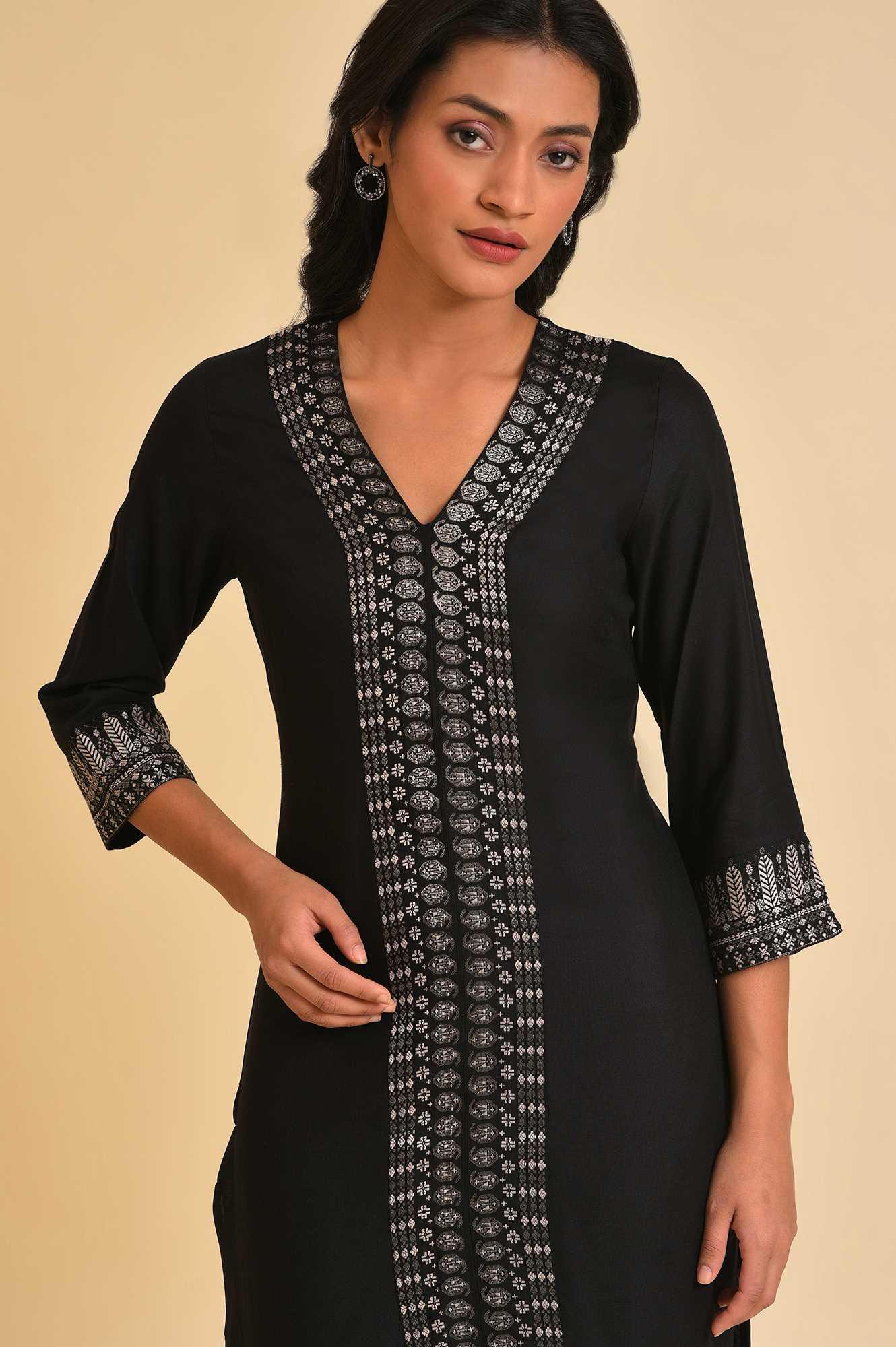 Black Placement Print A-Line kurta - Image 5