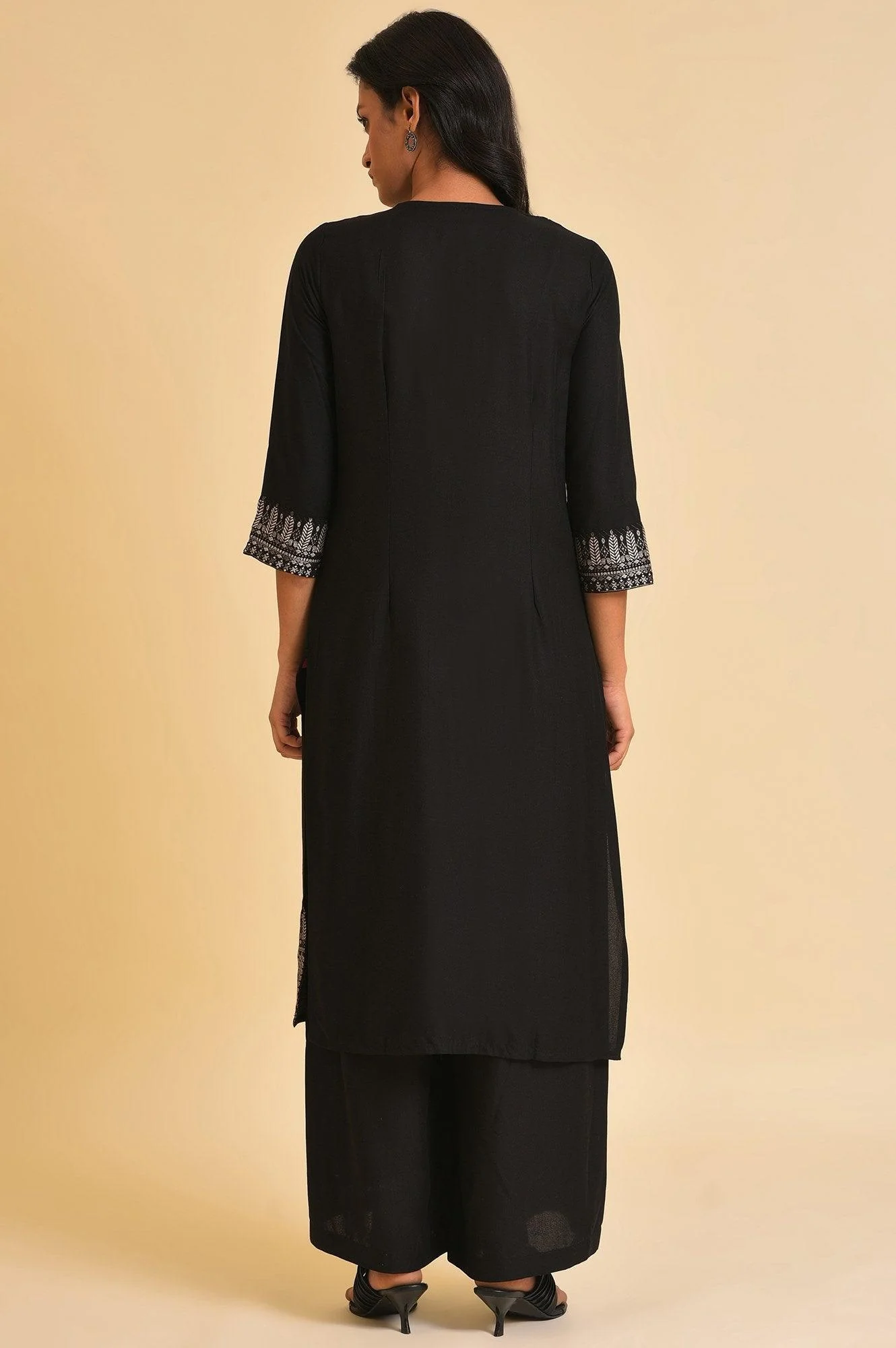 Black Placement Print A-Line Plus Size kurta - Image 2