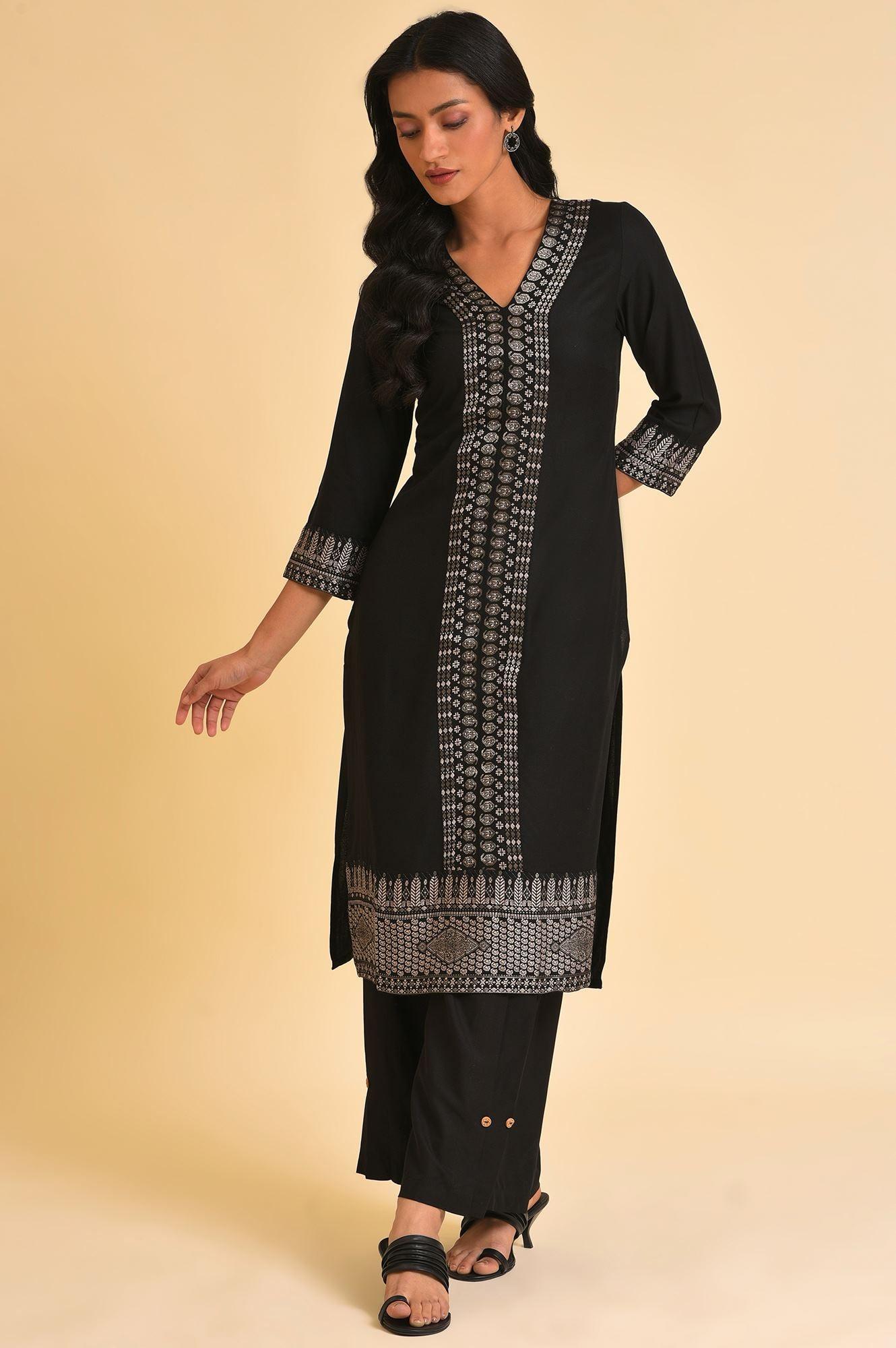 Black Placement Print kurta & Parallel Pants Set - Image 9