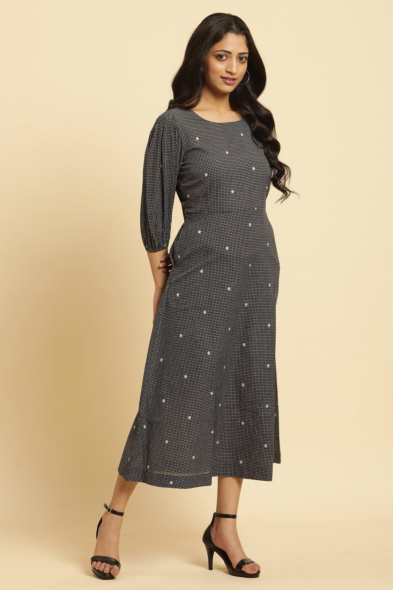 Black Polka Dot Printed Western Dress With Puff Sleeves - Image 5