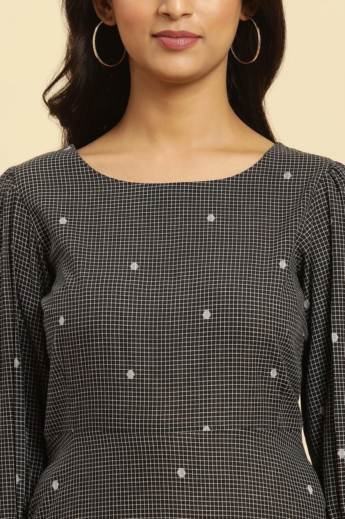 Black Polka Dot Printed Western Dress With Puff Sleeves - Image 6