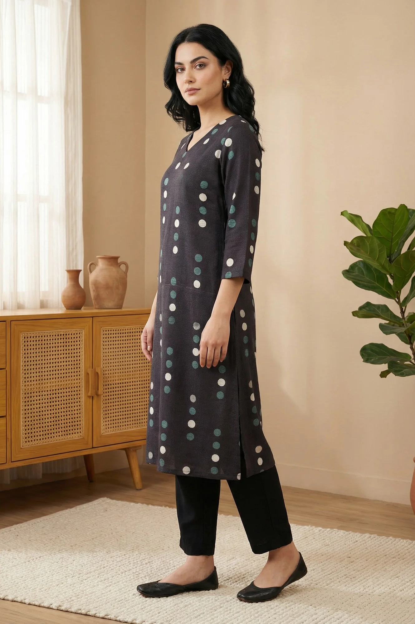 Black Polka Dots Straight Kurta - Image 4