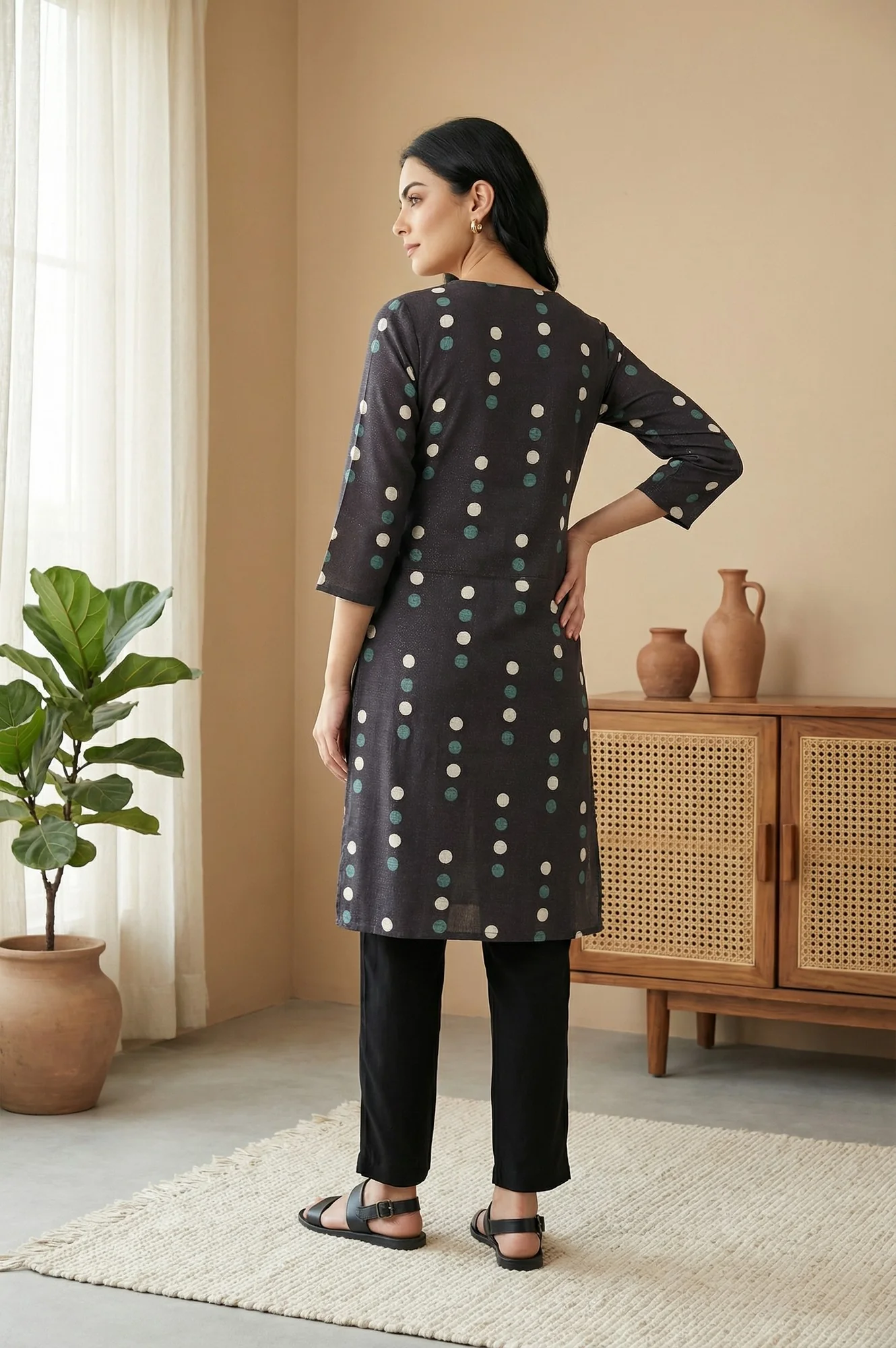 Black Polka Dots Straight Kurta - Image 5