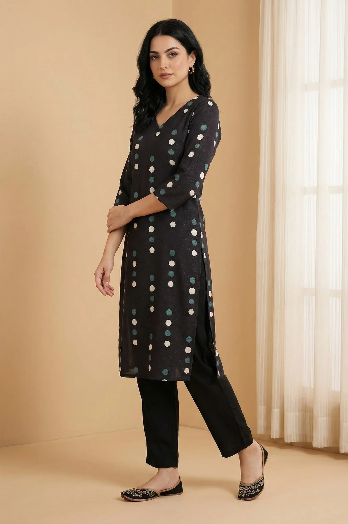 Black Polka Dots Straight Kurta - Image 6