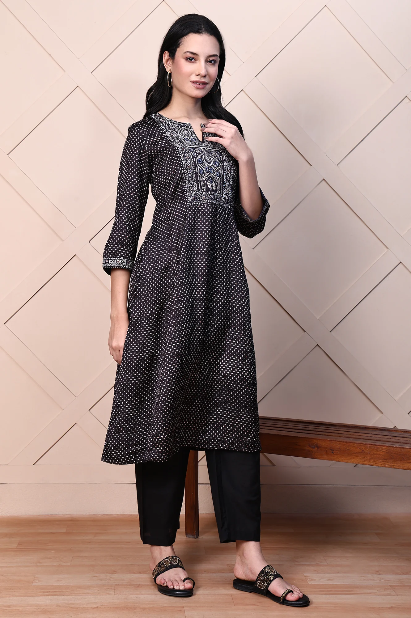 Black Polka Printed Satin A-lineKurta with Thread Embroidery - Image 6