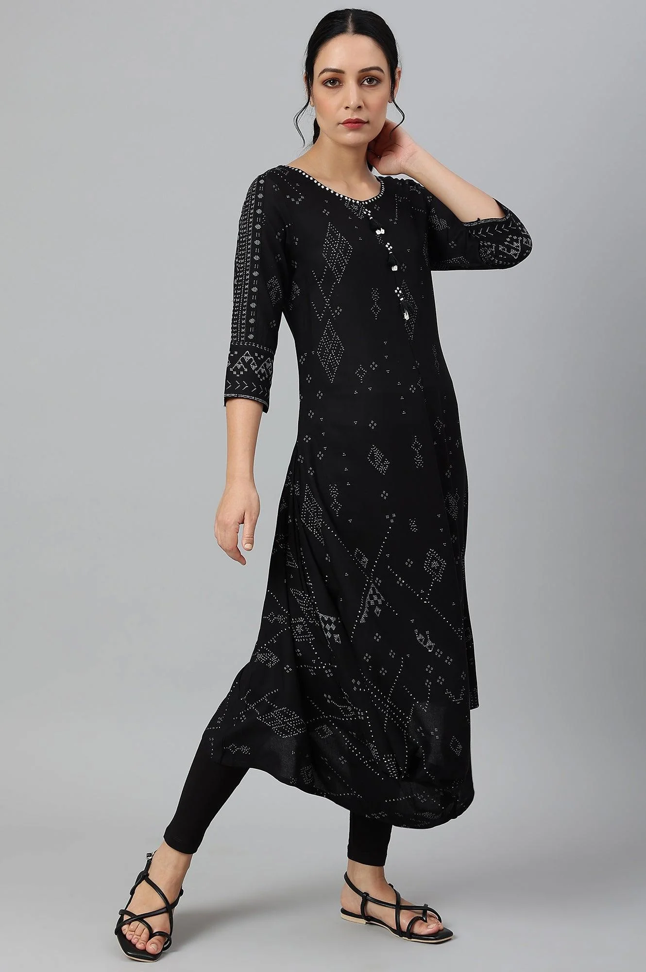 Black Printed A-Line kurta With Cowl Hemline - Image 6