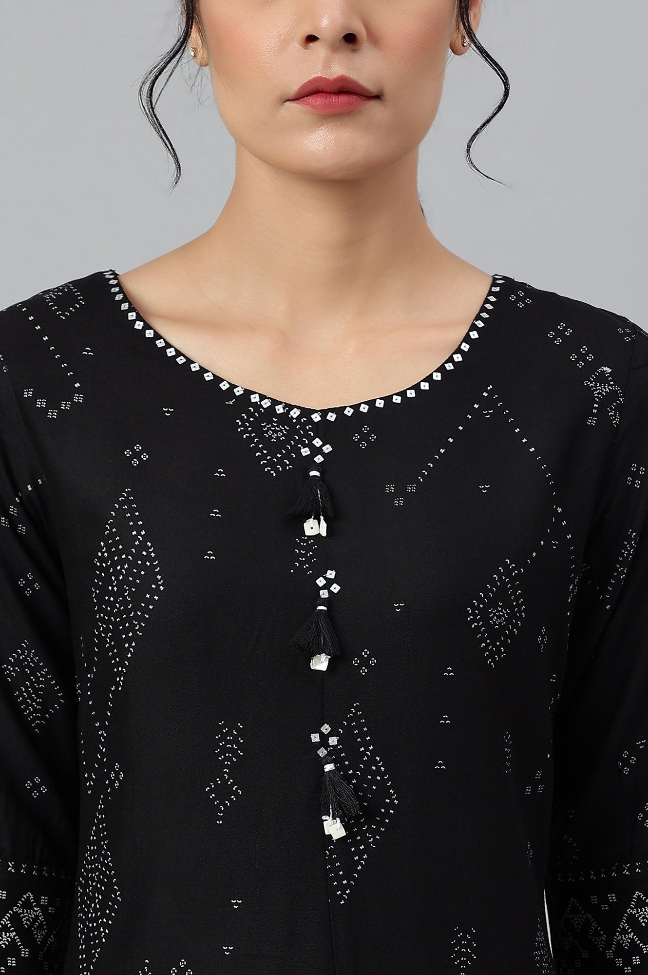 Black Printed A-Line kurta With Cowl Hemline - Image 8