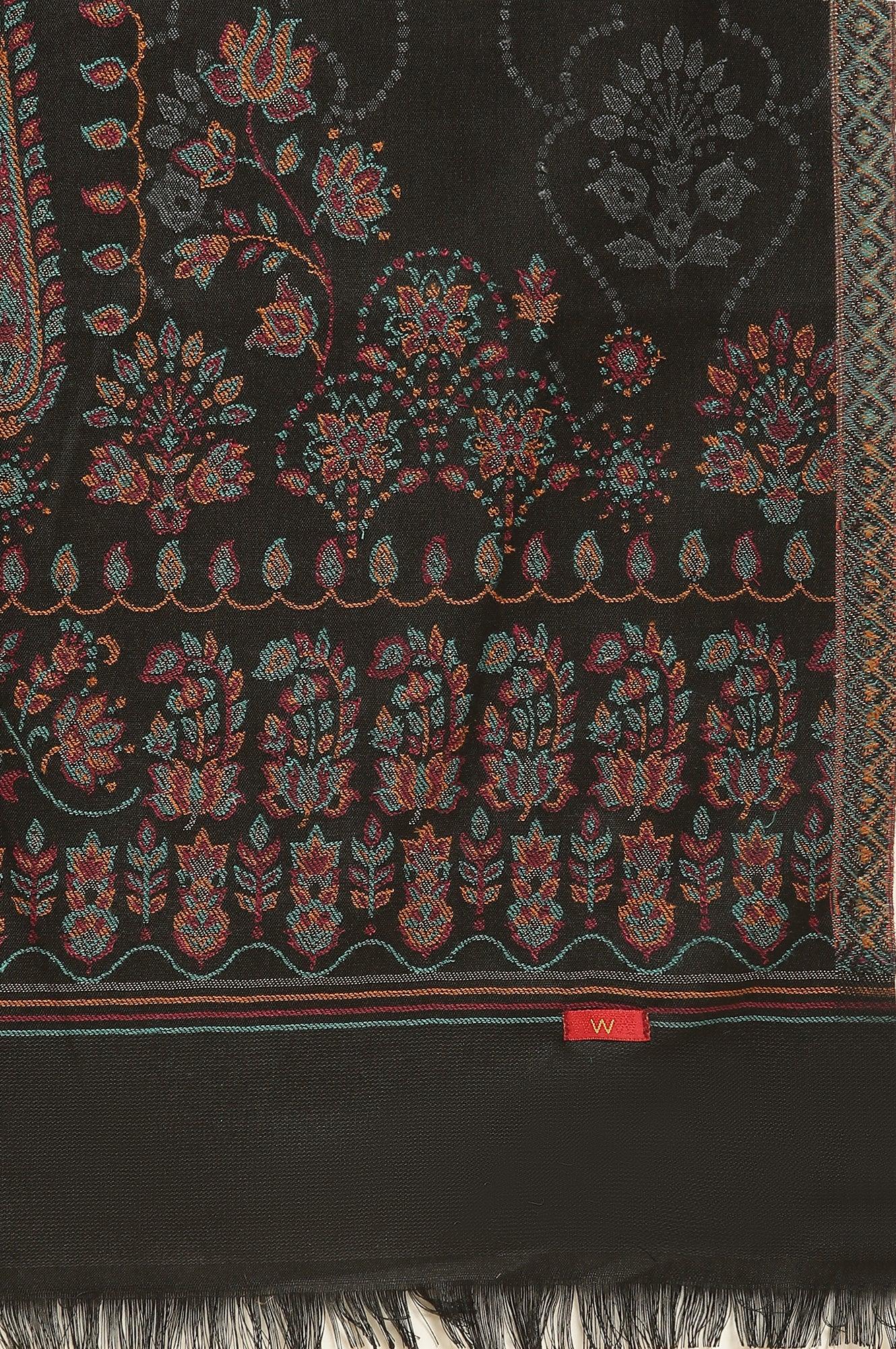 Black Printed Acrylic Kurta, Pants And Shawl Set - Image 11