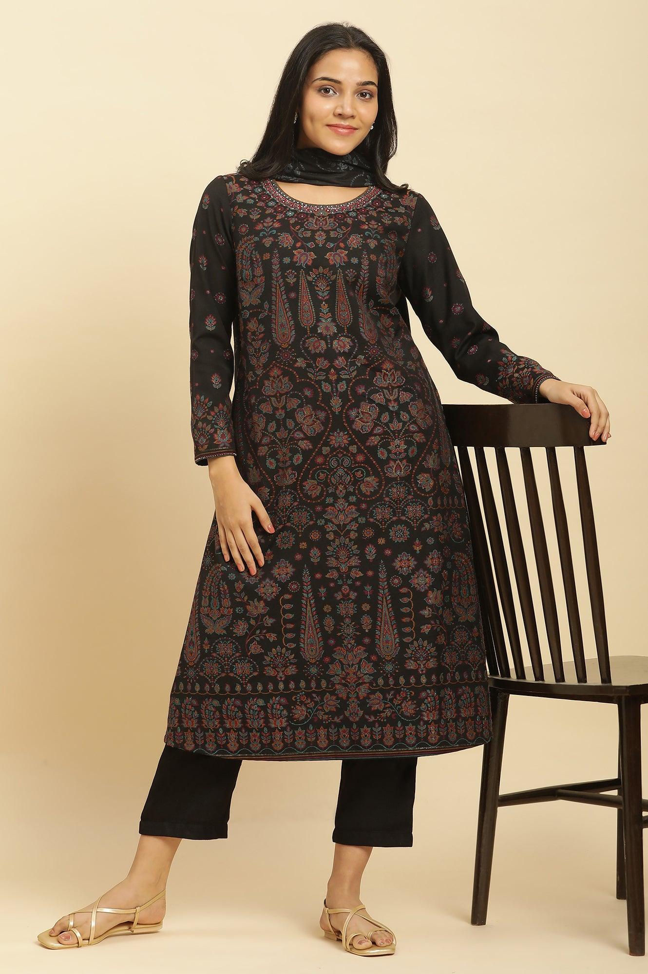 Black Printed Acrylic Kurta, Pants And Shawl Set - Image 2