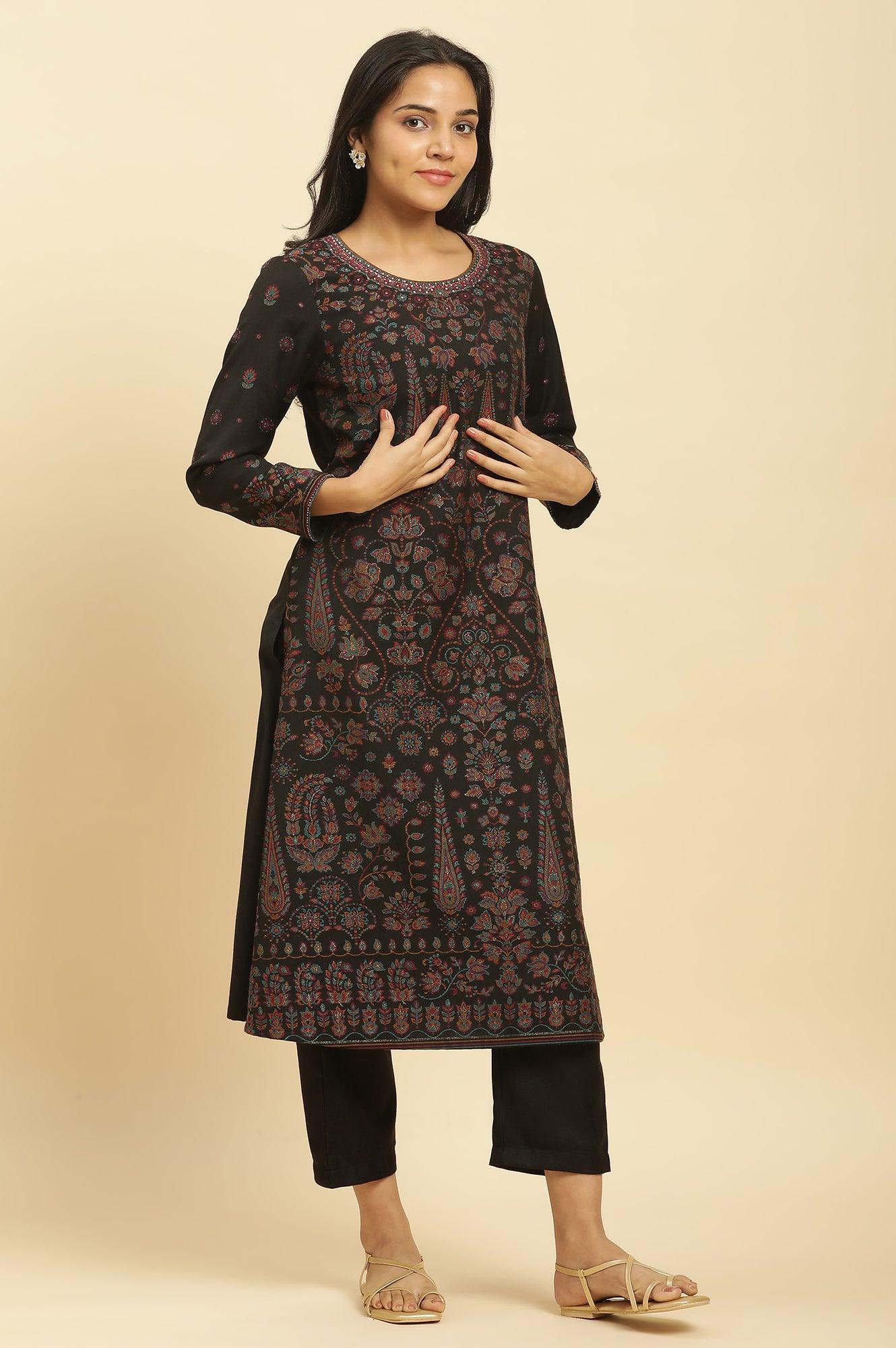Black Printed Acrylic Kurta, Pants And Shawl Set - Image 4