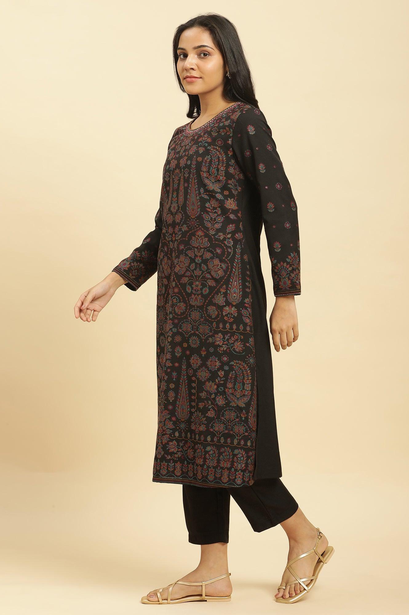 Black Printed Acrylic Kurta, Pants And Shawl Set - Image 6